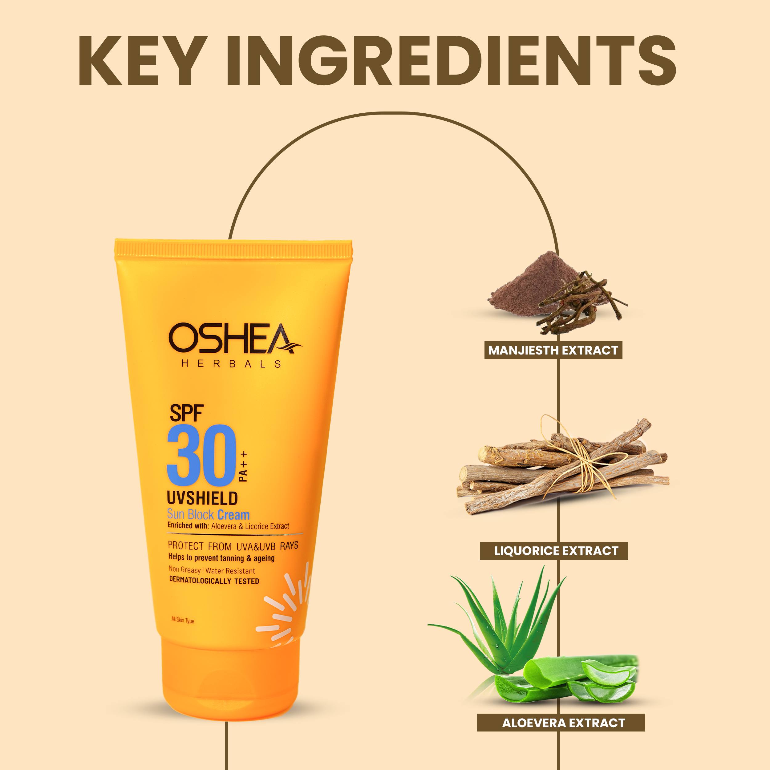 Oshea Herbals UV Shield Sun Block Cream SPF 30 PA ++ - Protection from UVA & UVB Rays with Aloe Vera & Licorice Extracts - Non Greasy & Water Resistant - All Skin Type - 120 grams
