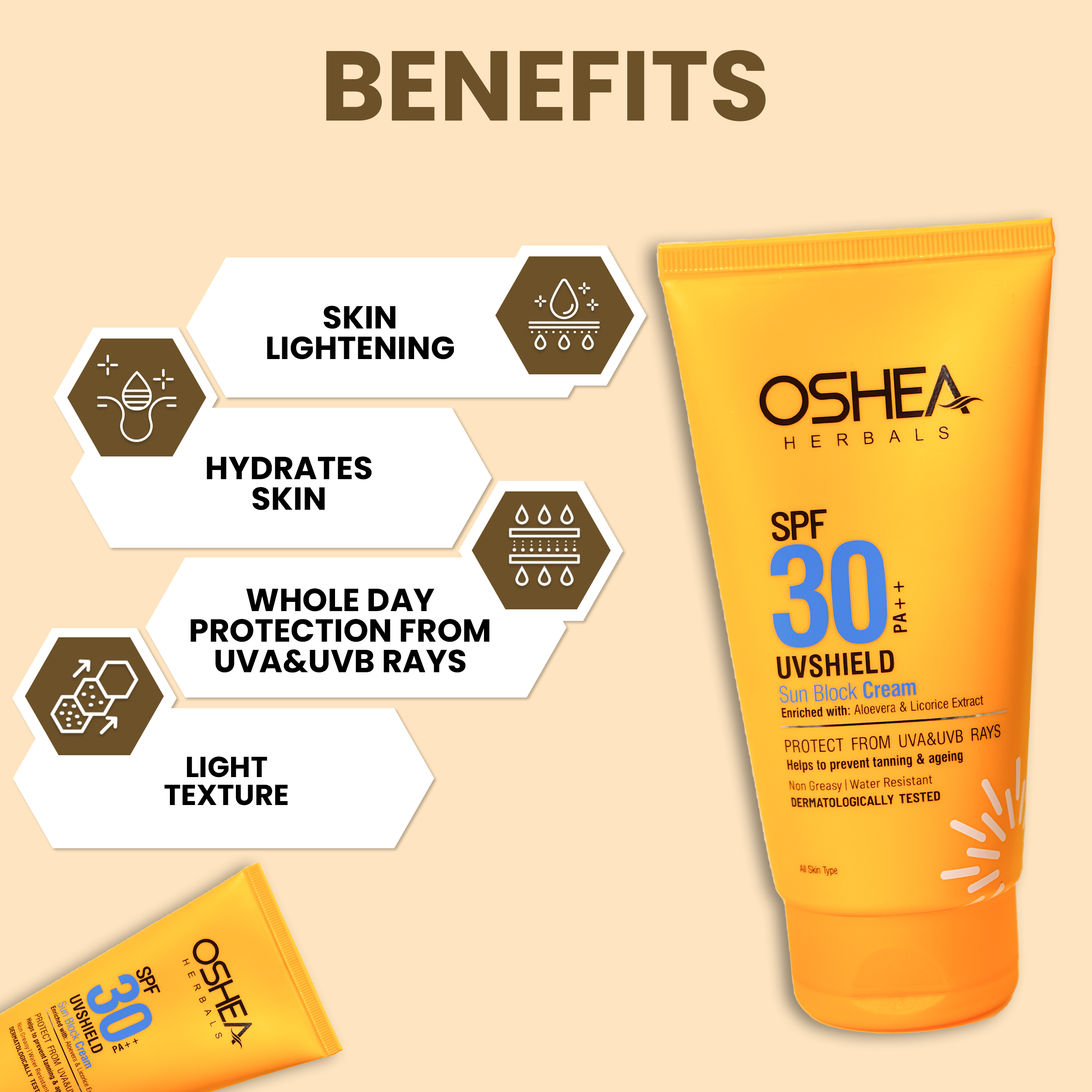 Oshea Herbals UV Shield Sun Block Cream SPF 30 PA ++ - Protection from UVA & UVB Rays with Aloe Vera & Licorice Extracts - Non Greasy & Water Resistant - All Skin Type - 120 grams