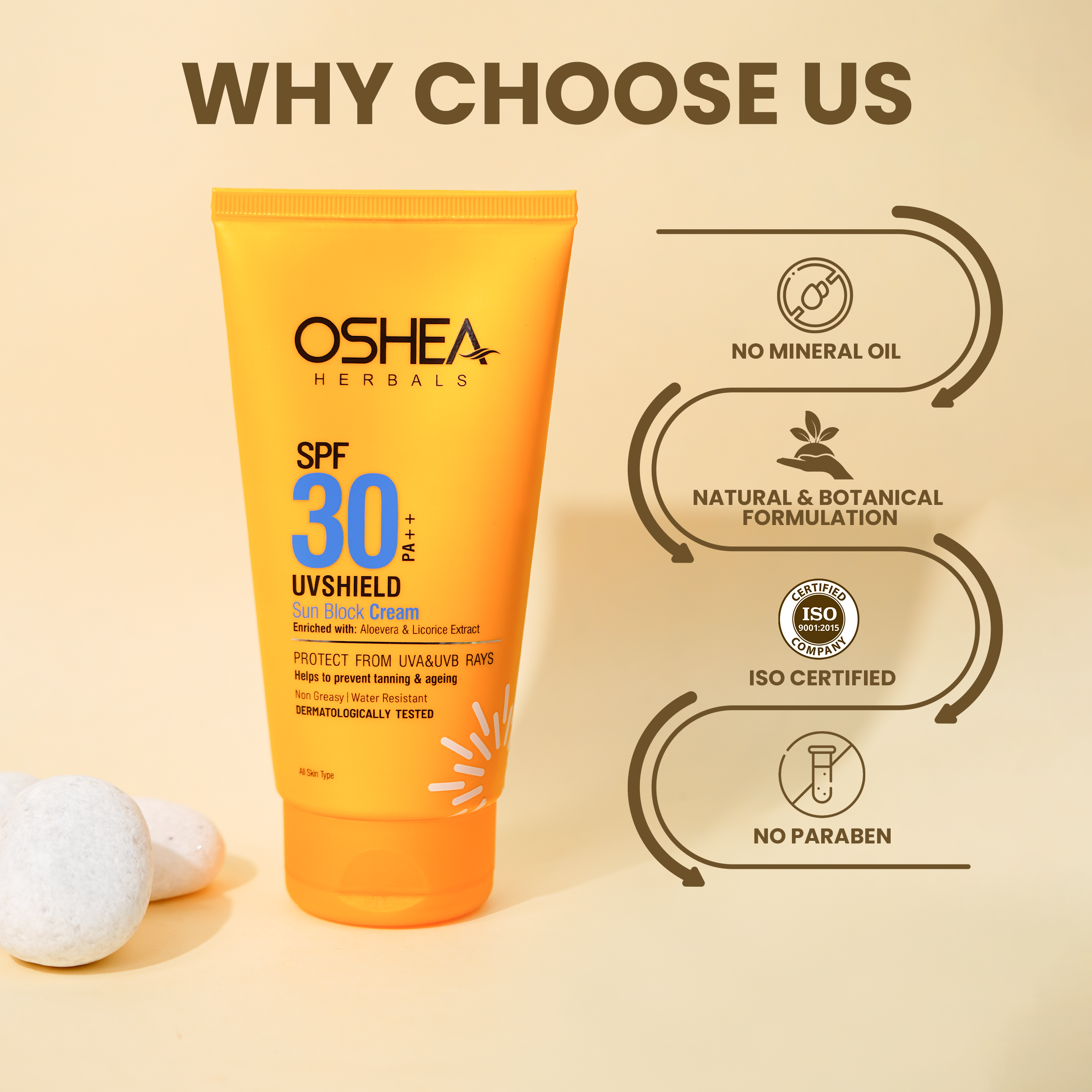Oshea Herbals UV Shield Sun Block Cream SPF 30 PA ++ - Protection from UVA & UVB Rays with Aloe Vera & Licorice Extracts - Non Greasy & Water Resistant - All Skin Type - 120 grams