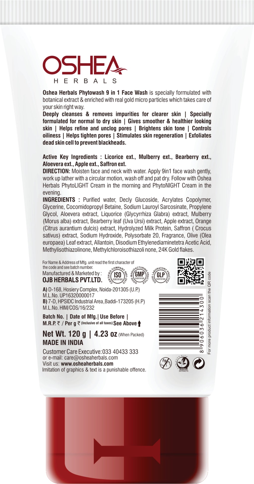 Oshea Herbals PhytoWash Paraben & Sulfate Free Luxury Facewash - Enriched with Botanical Extracts & Real Gold Micro Particles - Cleans Gently Without Drying Skin - 120 grams