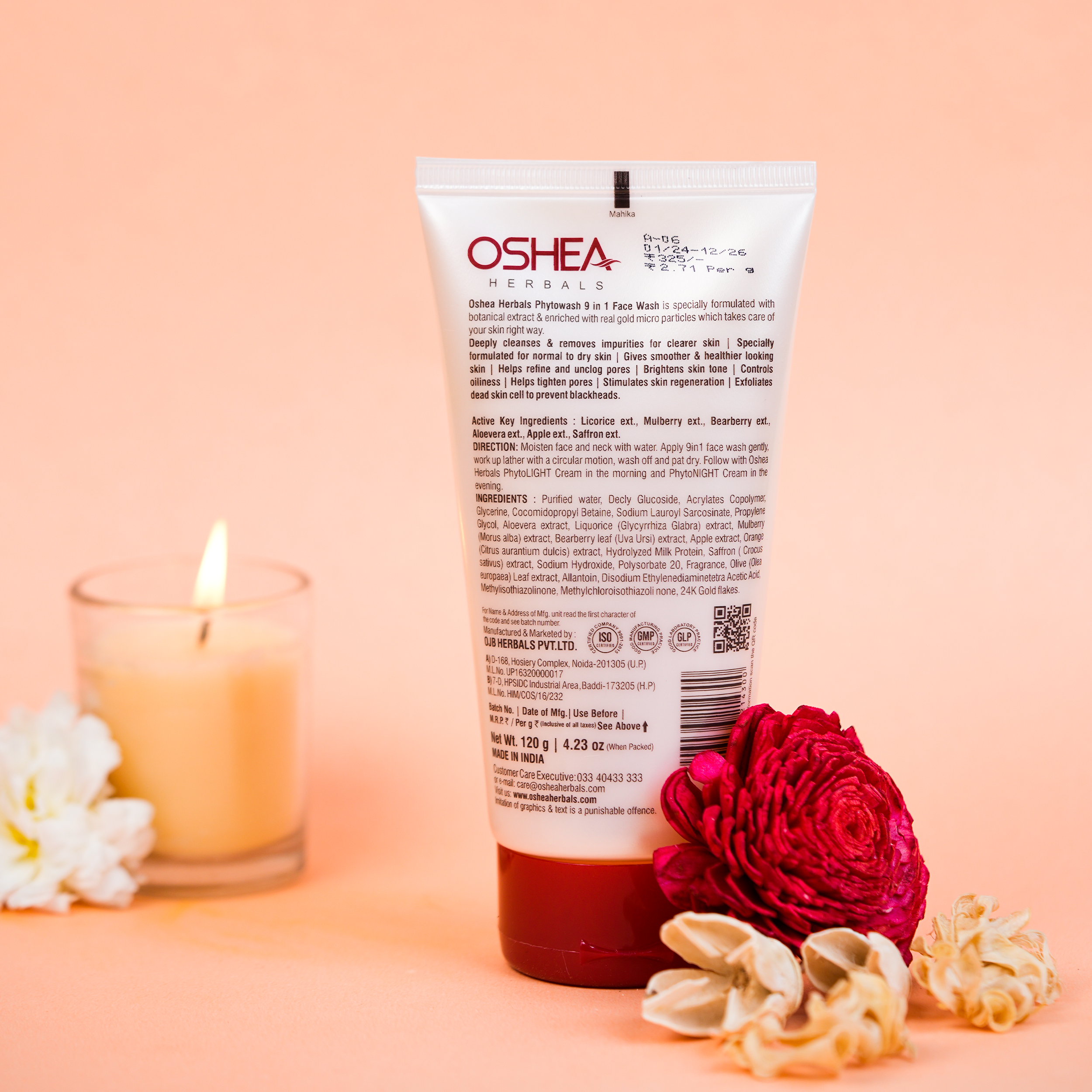 Oshea Herbals PhytoWash Paraben & Sulfate Free Luxury Facewash - Enriched with Botanical Extracts & Real Gold Micro Particles - Cleans Gently Without Drying Skin - 120 grams