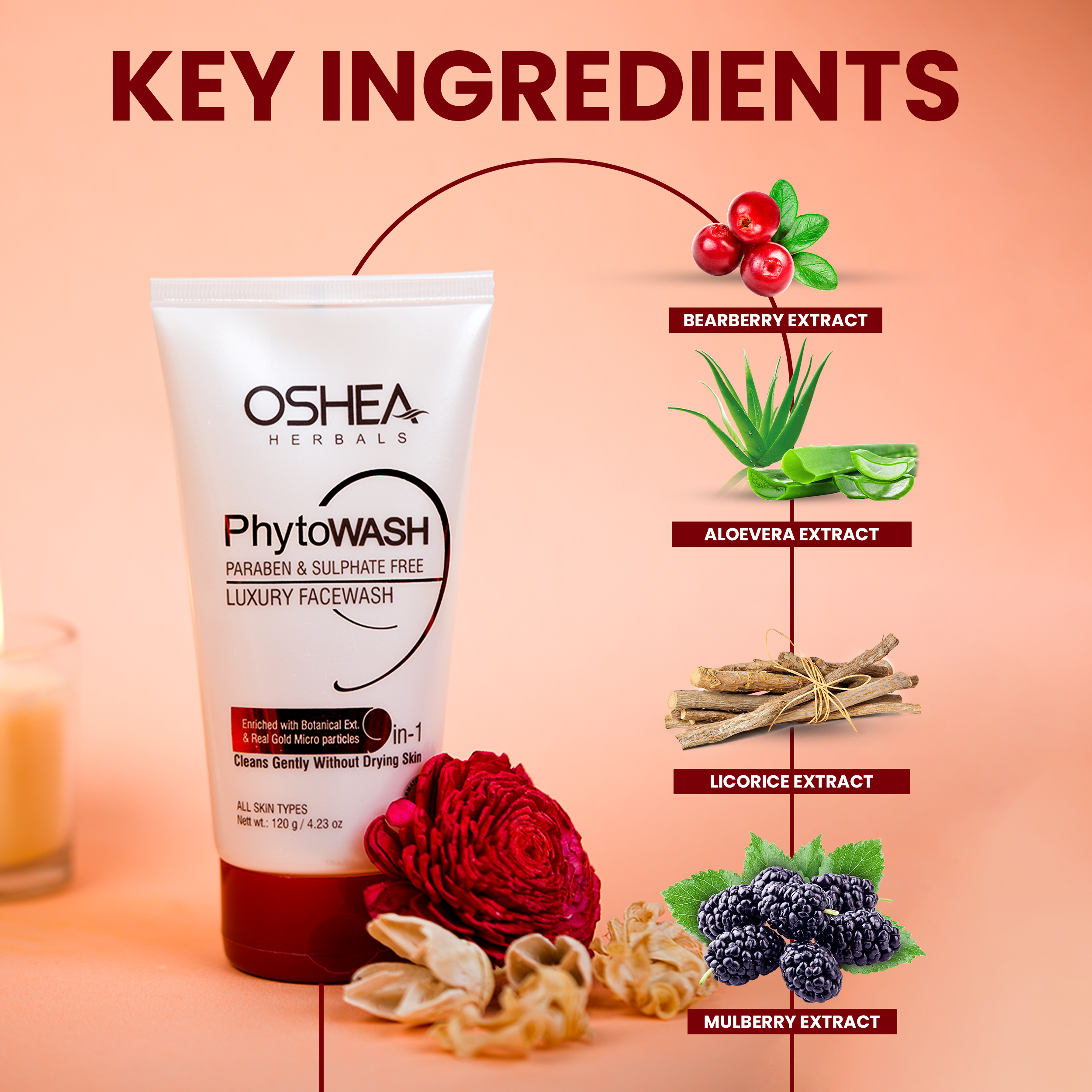 Oshea Herbals PhytoWash Paraben & Sulfate Free Luxury Facewash - Enriched with Botanical Extracts & Real Gold Micro Particles - Cleans Gently Without Drying Skin - 120 grams