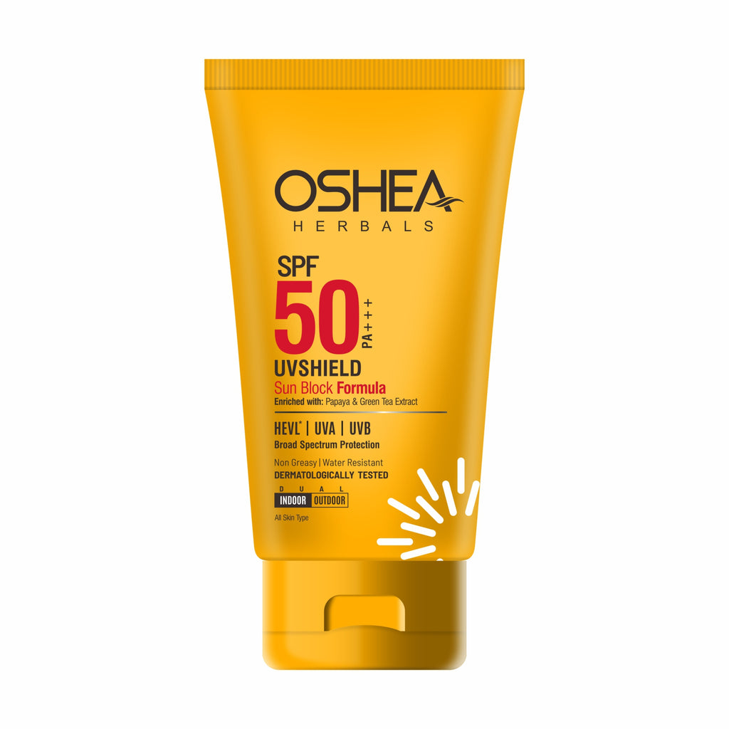 Oshea Herbals UV Shield Sun Block Formula SPF 50 PA+++ - Broad Spectrum Protection HEVL, UVA, UVB - With Papaya & Green Tea Extract - Non Greasy & Water Resistant - 120 grams
