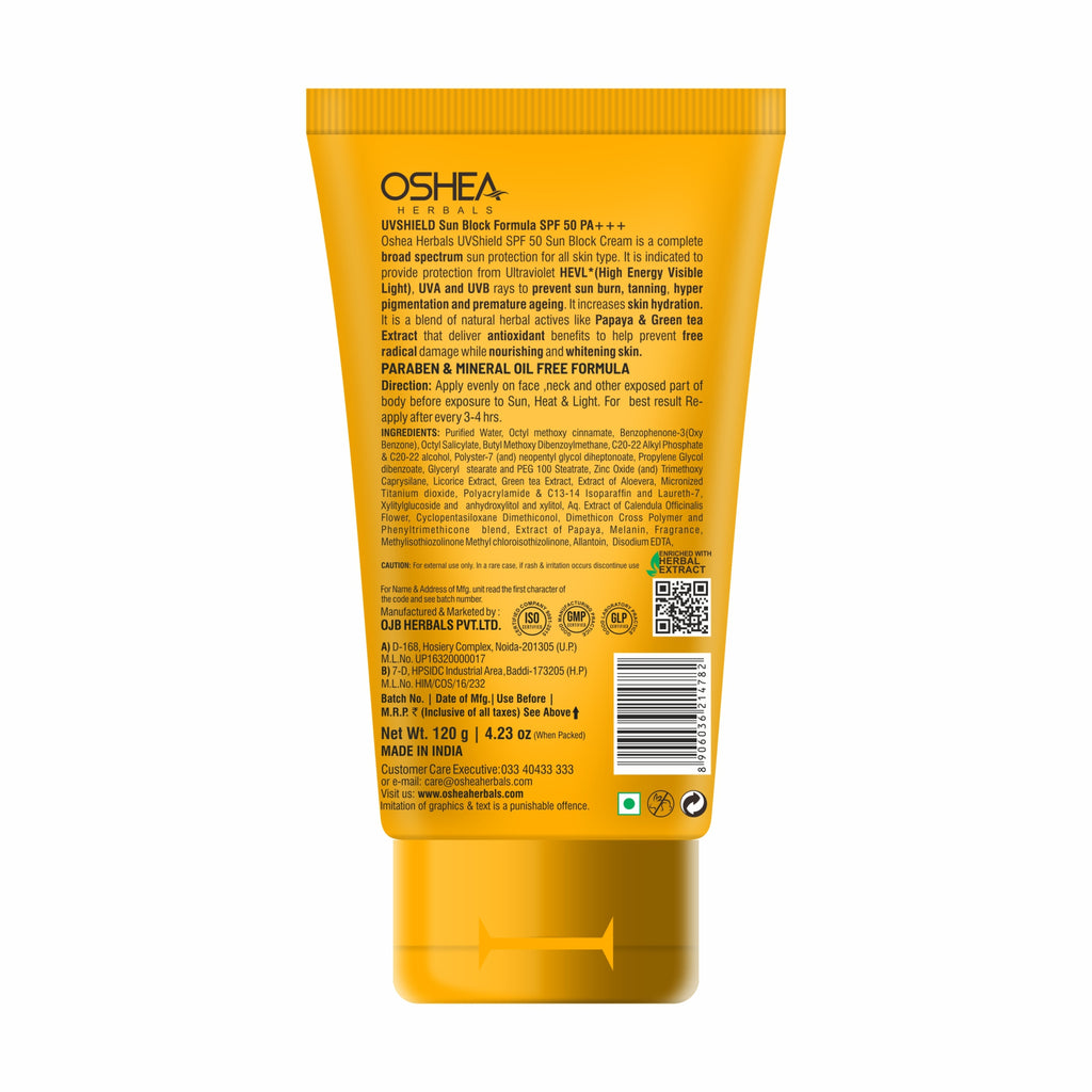 Oshea Herbals UV Shield Sun Block Formula SPF 50 PA+++ - Broad Spectrum Protection HEVL, UVA, UVB - With Papaya & Green Tea Extract - Non Greasy & Water Resistant - 120 grams