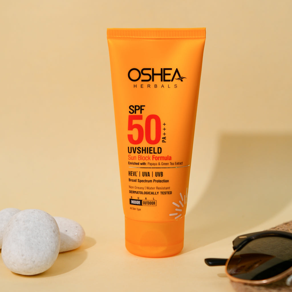 Oshea Herbals UV Shield Sun Block Formula SPF 50 PA+++ - Broad Spectrum Protection HEVL, UVA, UVB - With Papaya & Green Tea Extract - Non Greasy & Water Resistant - 120 grams