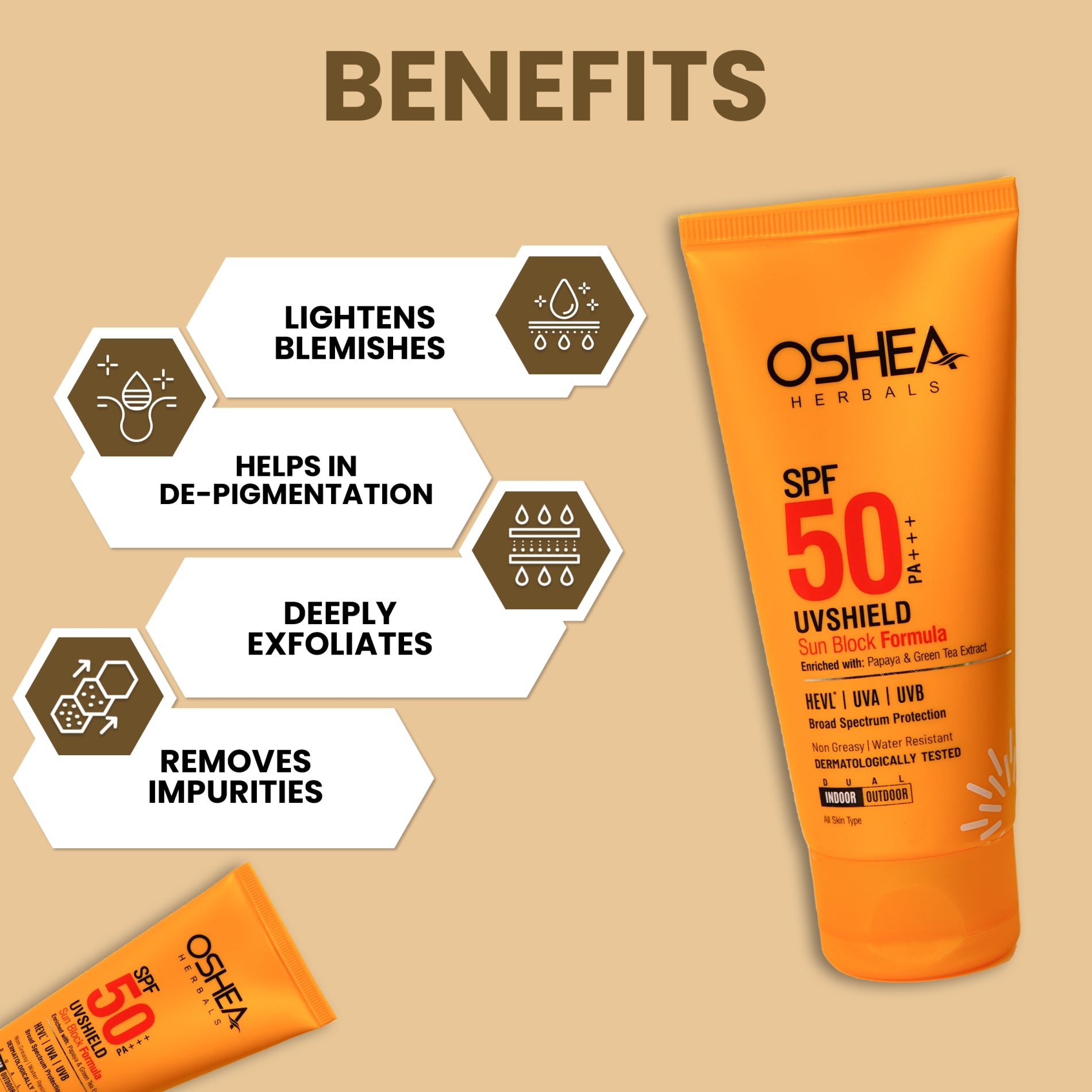 Oshea Herbals UV Shield Sun Block Formula SPF 50 PA+++ - Broad Spectrum Protection HEVL, UVA, UVB - With Papaya & Green Tea Extract - Non Greasy & Water Resistant - 120 grams