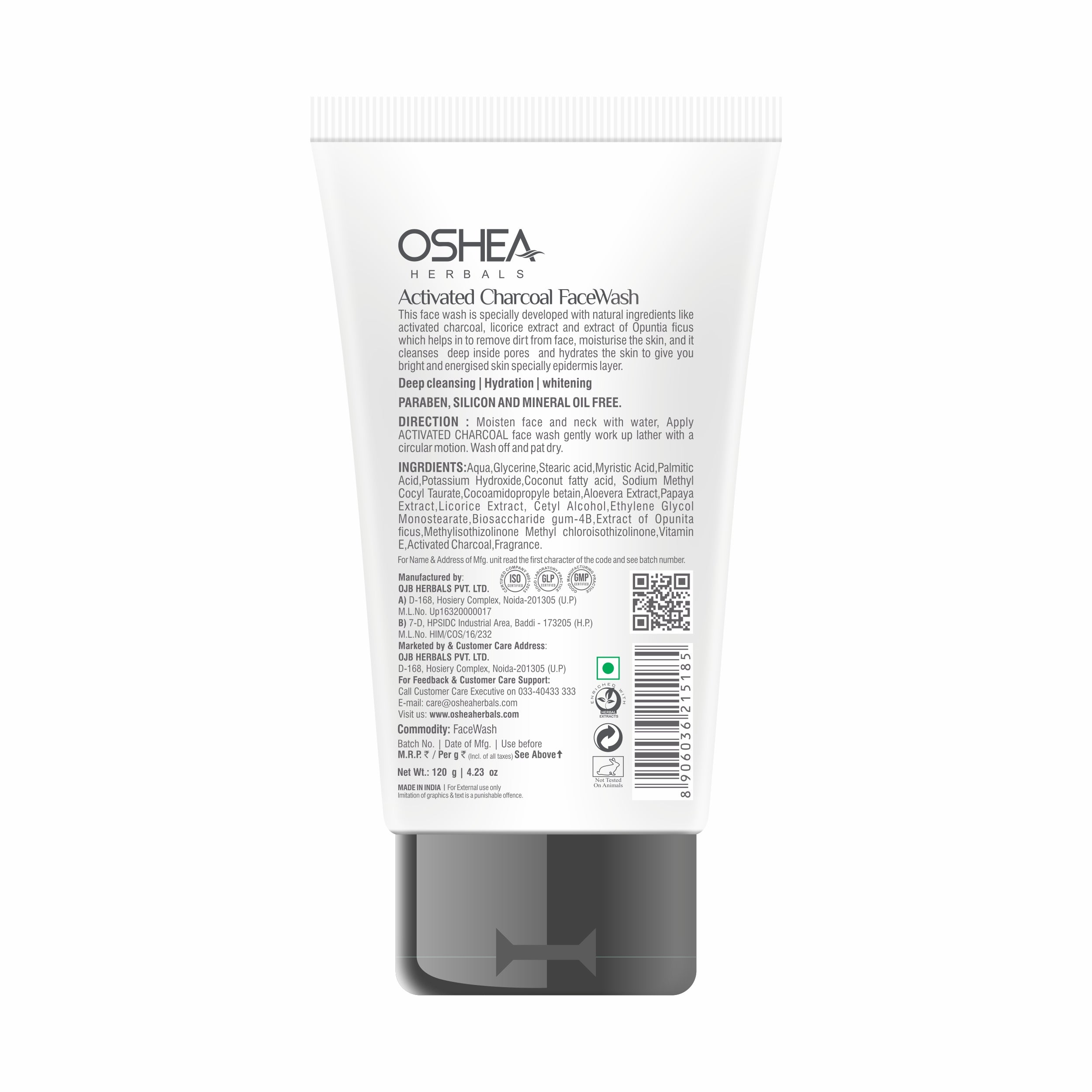 Oshea Herbals  Activated Charcoal Facewash - Whitening & Youthful Skin Effect - Deep Cleansing & Hydration - Enriched with Activated Charcoal & Licorice Extract -120 grams