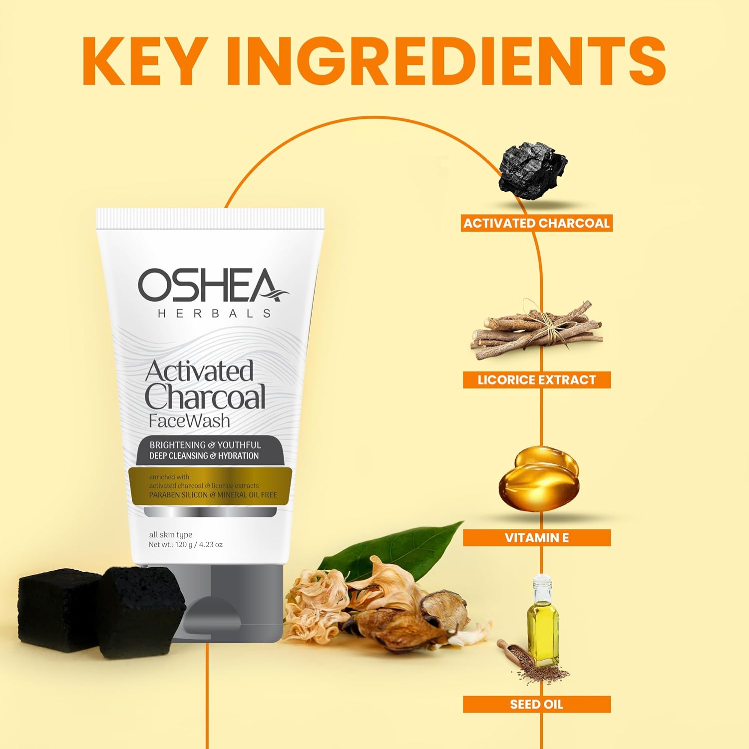 Oshea Herbals  Activated Charcoal Facewash - Whitening & Youthful Skin Effect - Deep Cleansing & Hydration - Enriched with Activated Charcoal & Licorice Extract -120 grams