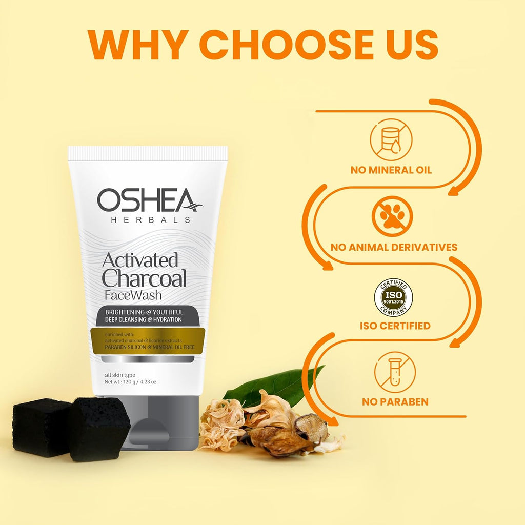 Oshea Herbals  Activated Charcoal Facewash - Whitening & Youthful Skin Effect - Deep Cleansing & Hydration - Enriched with Activated Charcoal & Licorice Extract -120 grams