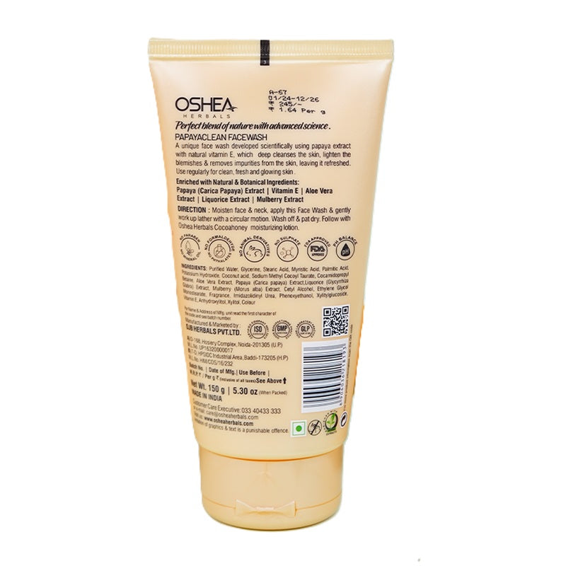 Oshea Herbals Papaya Clean Anti Blemish Face Wash - Hydrates Skin - Deep Cleansing - Lightens Blemishes & Removes Impurities - Enriched w/ Papaya Extracts & Vitamin E  - 150 grams