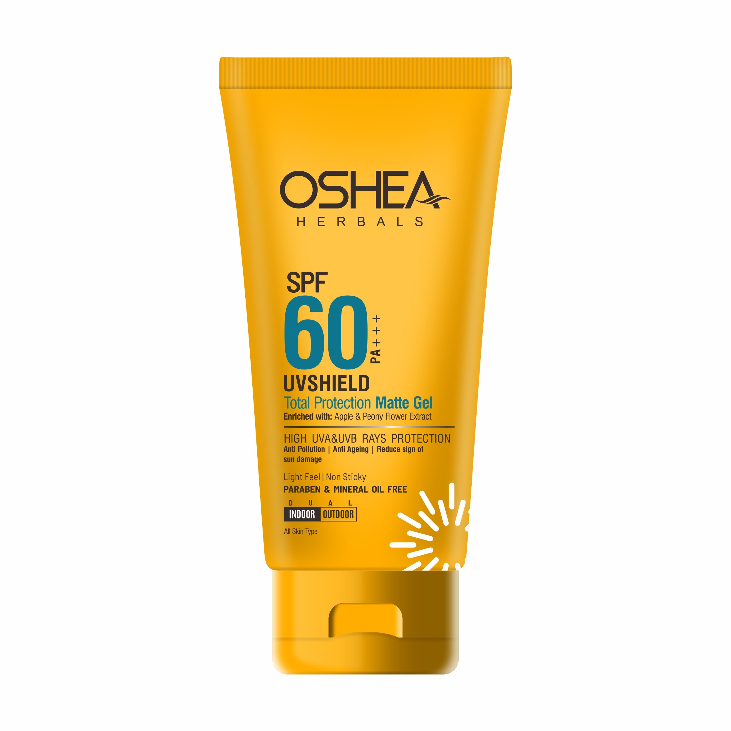 Oshea Herbals UVShield Total Protection Matte Gel SPF 60 PA+++ - High UVA & UVB Rays Protection - With Apple & Peony Flower Extract - Light Feel & Non Sticky  - 60 grams
