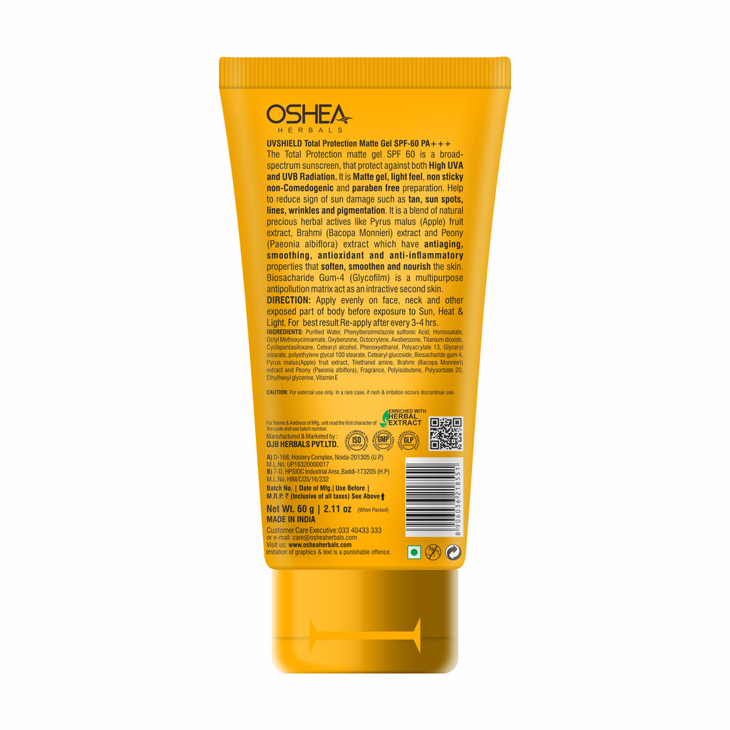 Oshea Herbals UVShield Total Protection Matte Gel SPF 60 PA+++ - High UVA & UVB Rays Protection - With Apple & Peony Flower Extract - Light Feel & Non Sticky  - 60 grams