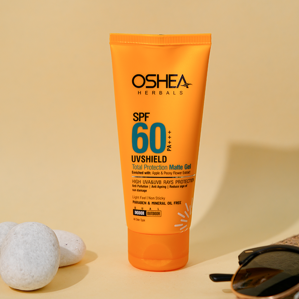 Oshea Herbals UVShield Total Protection Matte Gel SPF 60 PA+++ - High UVA & UVB Rays Protection - With Apple & Peony Flower Extract - Light Feel & Non Sticky  - 60 grams