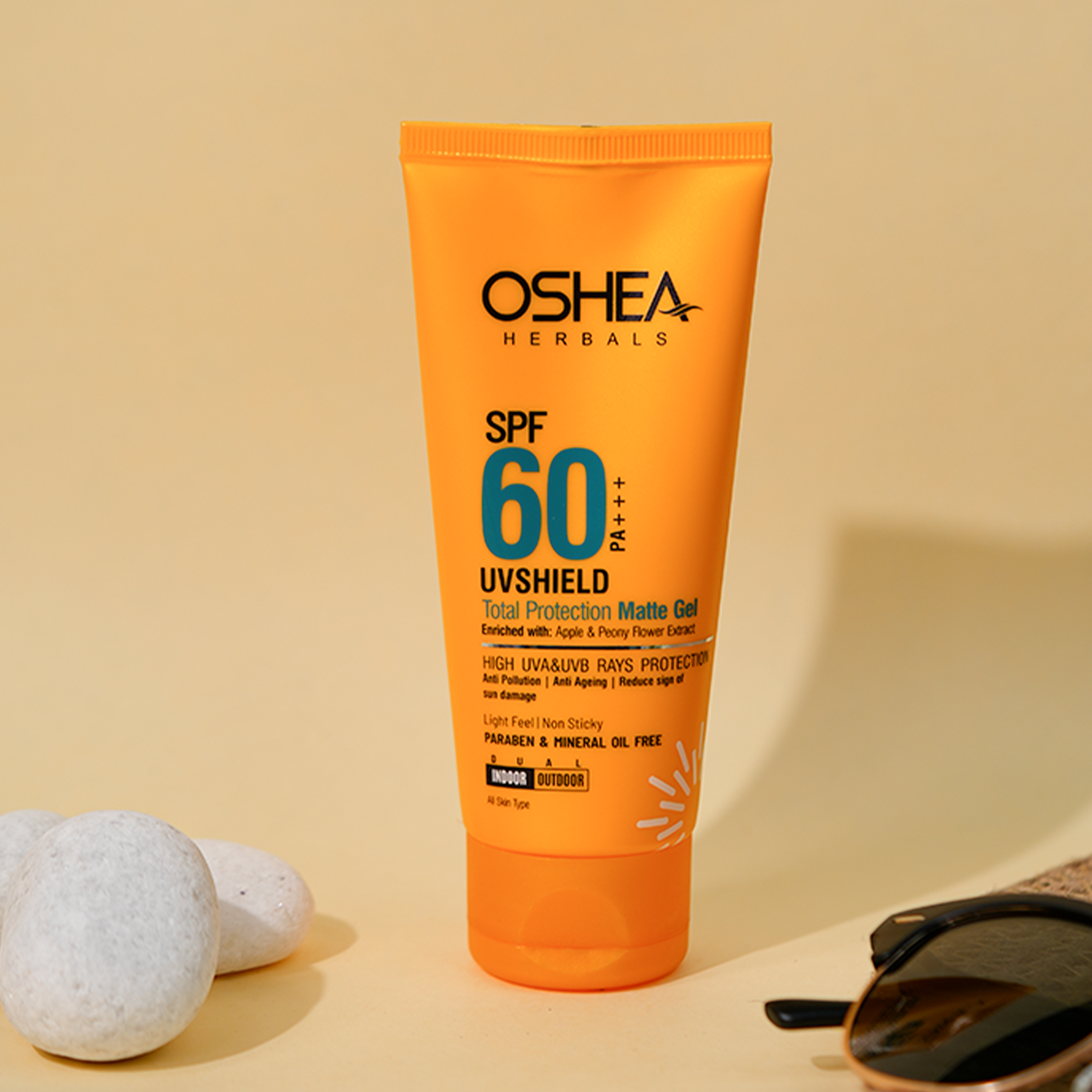 Oshea Herbals UVShield Total Protection Matte Gel SPF 60 PA+++ - High UVA & UVB Rays Protection - With Apple & Peony Flower Extract - Light Feel & Non Sticky  - 60 grams