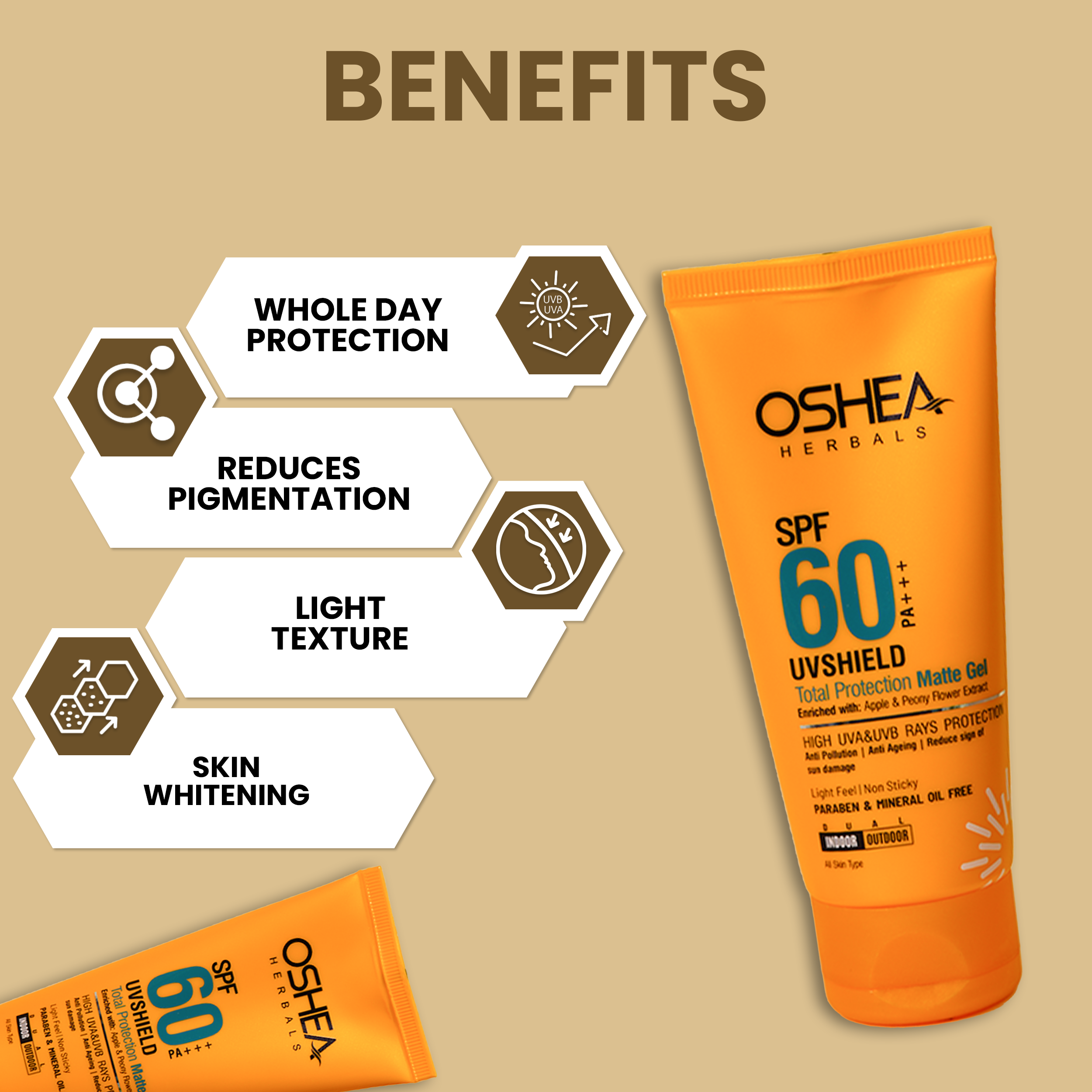 Oshea Herbals UVShield Total Protection Matte Gel SPF 60 PA+++ - High UVA & UVB Rays Protection - With Apple & Peony Flower Extract - Light Feel & Non Sticky  - 60 grams