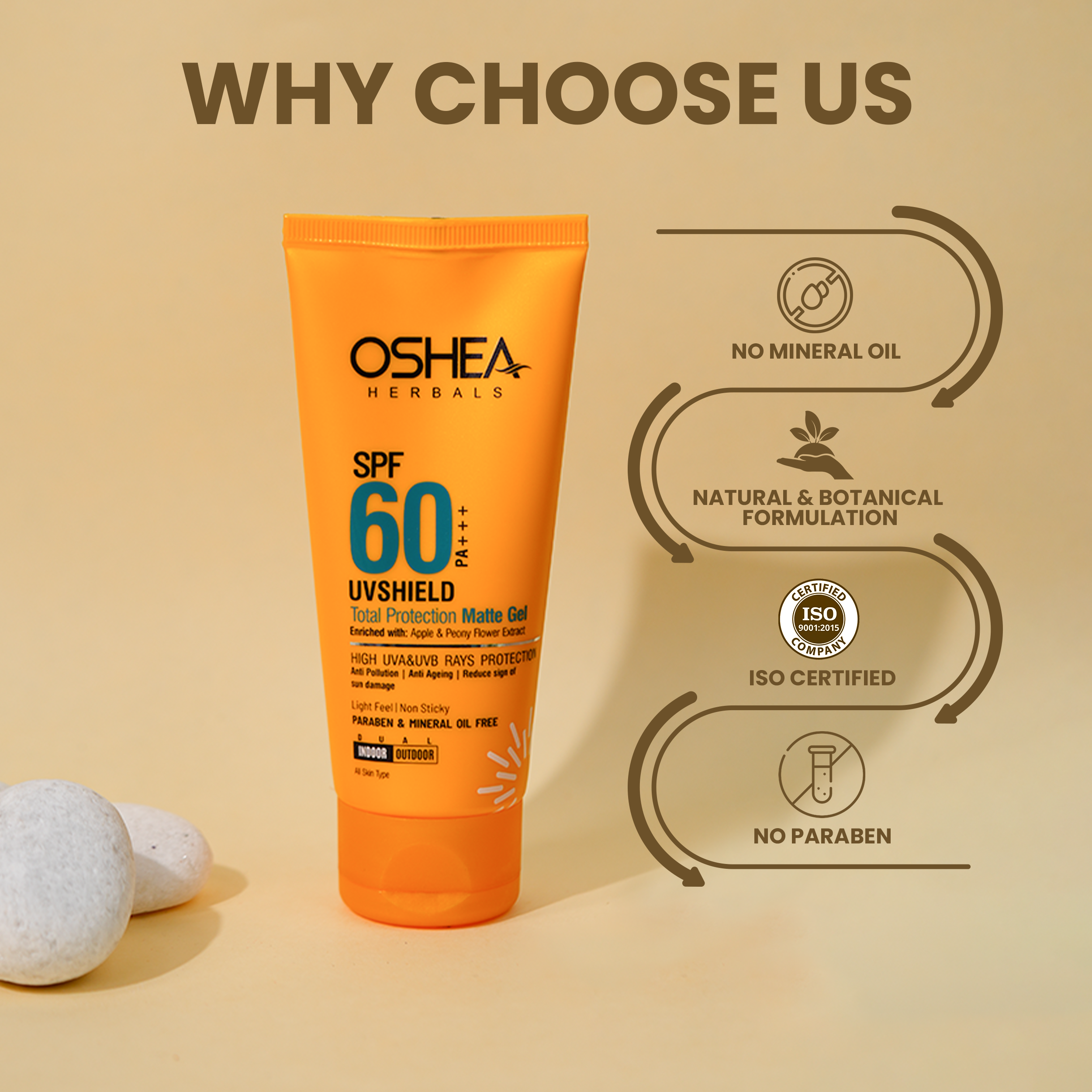 Oshea Herbals UVShield Total Protection Matte Gel SPF 60 PA+++ - High UVA & UVB Rays Protection - With Apple & Peony Flower Extract - Light Feel & Non Sticky  - 60 grams