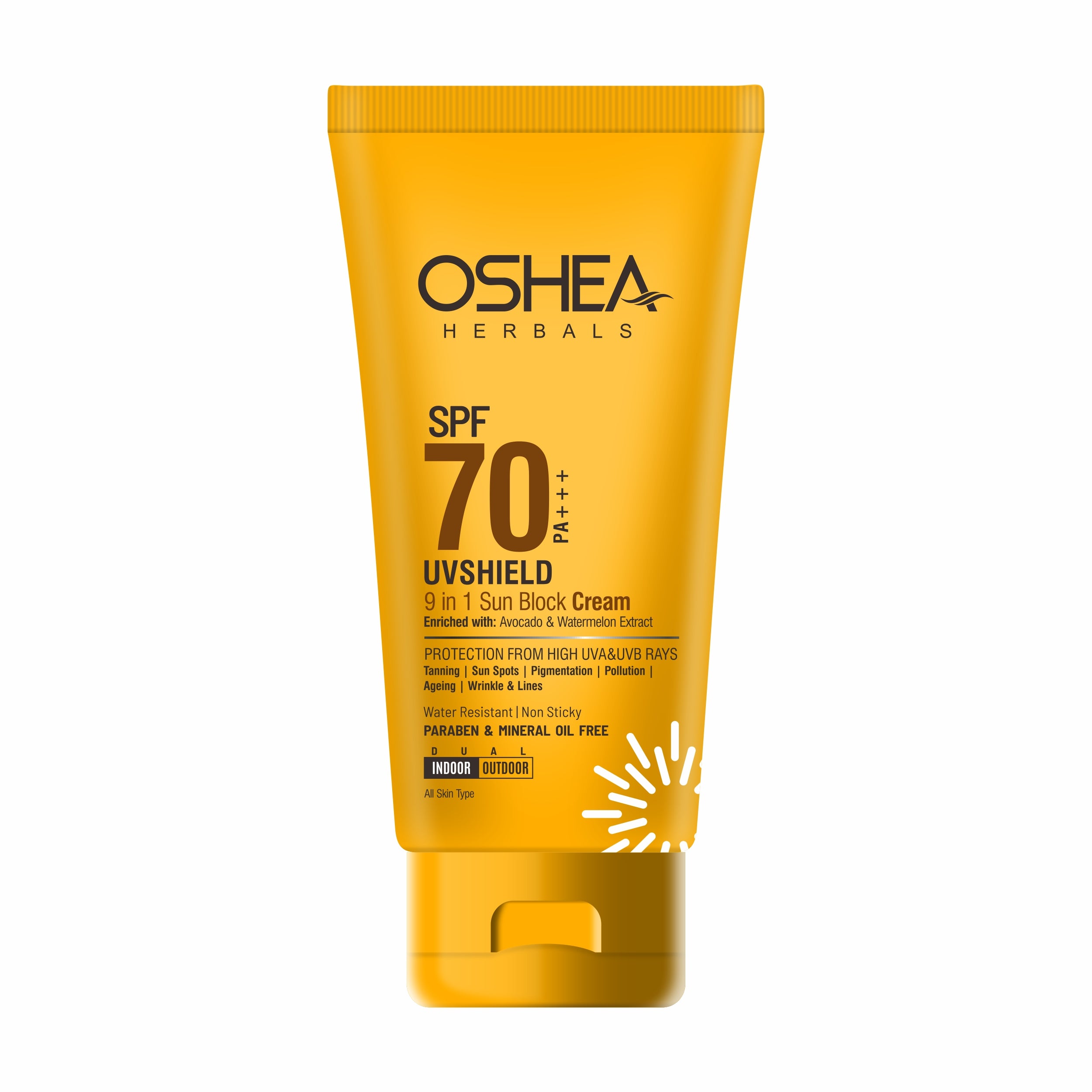Oshea Herbals UVShield Sun Block Cream SPF 70 PA+++ - 9 in 1 Sun Block Cream - With Avocado & Watermelon Extract  - Water Resistant & Non Sticky - Anti Ageing & Wrinkles  - 60 grams