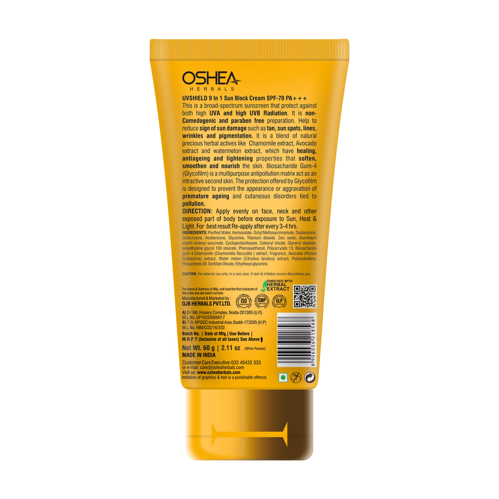 Oshea Herbals UVShield Sun Block Cream SPF 70 PA+++ - 9 in 1 Sun Block Cream - With Avocado & Watermelon Extract  - Water Resistant & Non Sticky - Anti Ageing & Wrinkles  - 60 grams