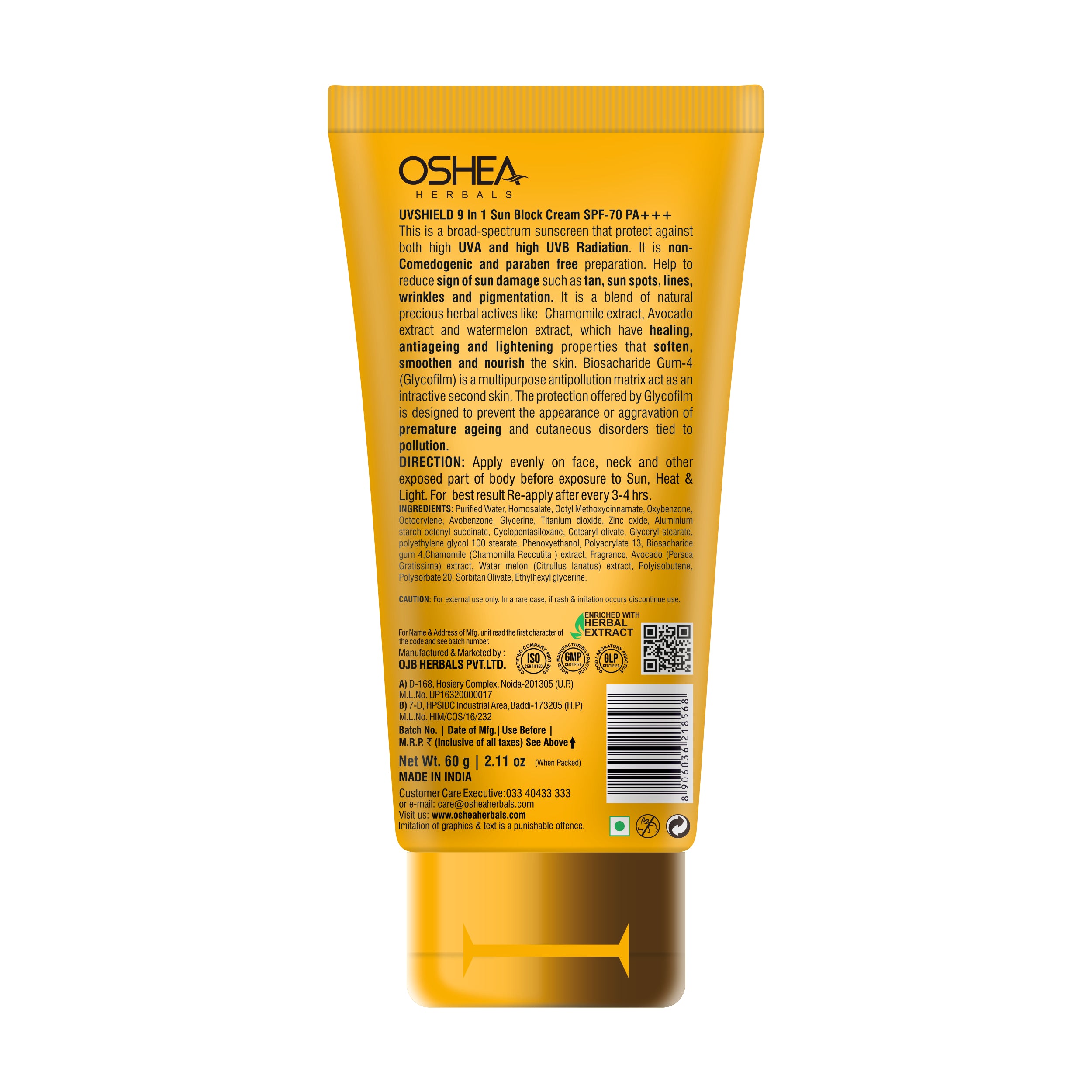 Oshea Herbals UVShield Sun Block Cream SPF 70 PA+++ - 9 in 1 Sun Block Cream - With Avocado & Watermelon Extract  - Water Resistant & Non Sticky - Anti Ageing & Wrinkles  - 60 grams