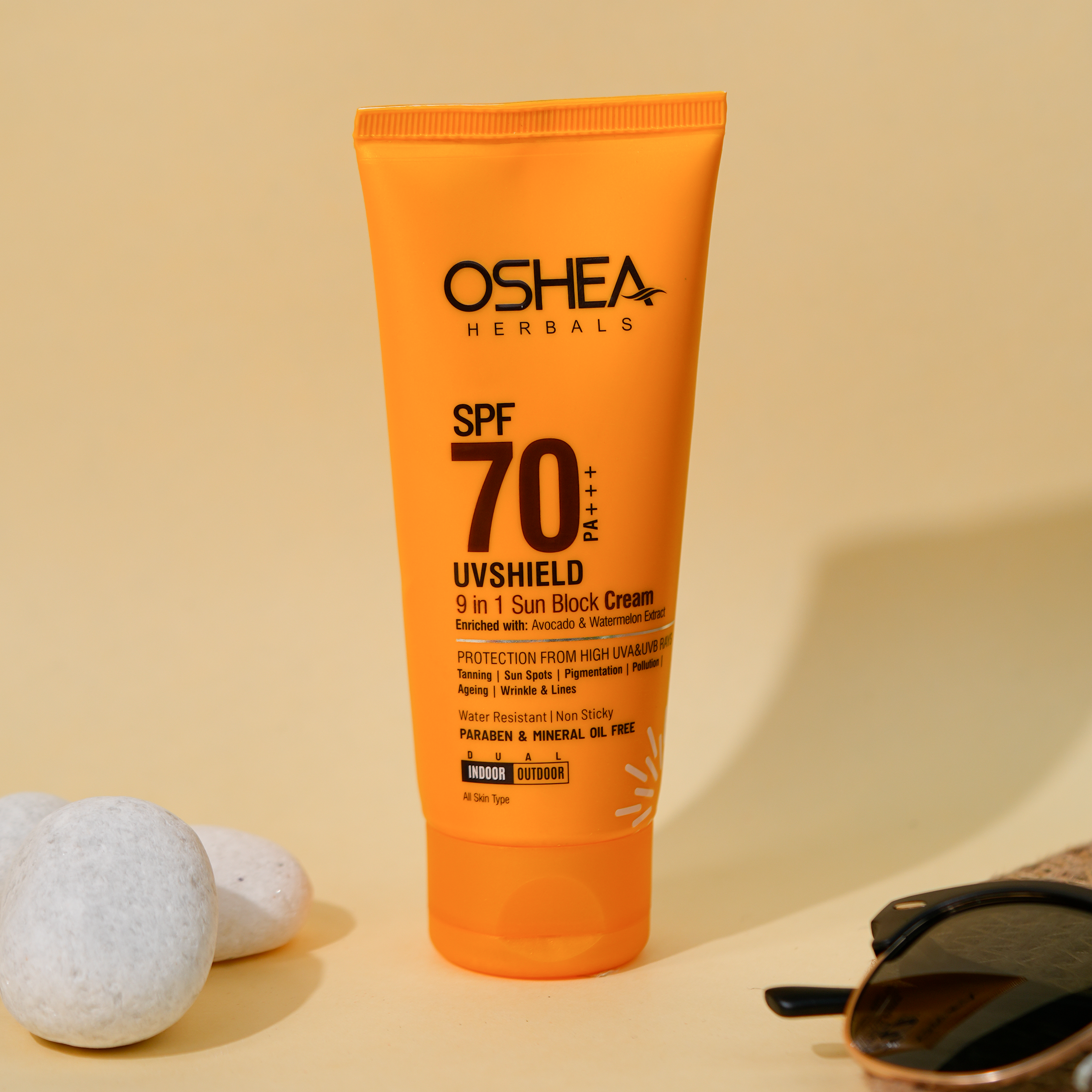 Oshea Herbals UVShield Sun Block Cream SPF 70 PA+++ - 9 in 1 Sun Block Cream - With Avocado & Watermelon Extract  - Water Resistant & Non Sticky - Anti Ageing & Wrinkles  - 60 grams