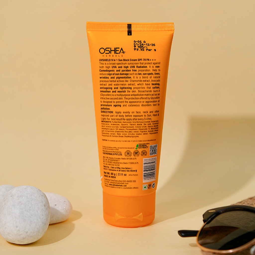 Oshea Herbals UVShield Sun Block Cream SPF 70 PA+++ - 9 in 1 Sun Block Cream - With Avocado & Watermelon Extract  - Water Resistant & Non Sticky - Anti Ageing & Wrinkles  - 60 grams