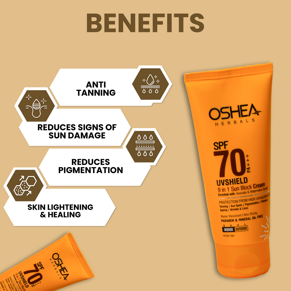 Oshea Herbals UVShield Sun Block Cream SPF 70 PA+++ - 9 in 1 Sun Block Cream - With Avocado & Watermelon Extract  - Water Resistant & Non Sticky - Anti Ageing & Wrinkles  - 60 grams