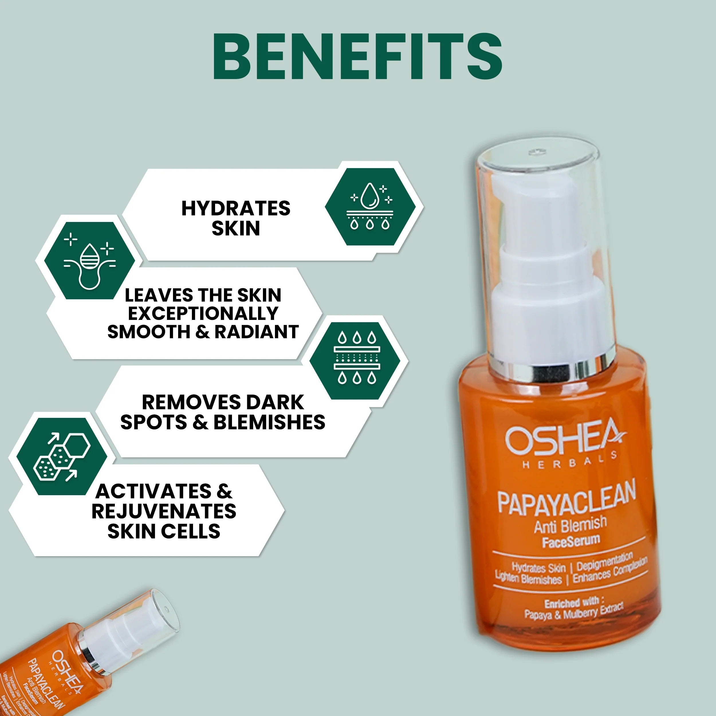 Oshea Herbals Papaya Clean Anti Blemish Face Serum - Hydrates Skin - Lightens Blemishes & Enhances Complexion - For Spotless Glow - Enriched with Papaya & Mulberry Extract - 30 ml