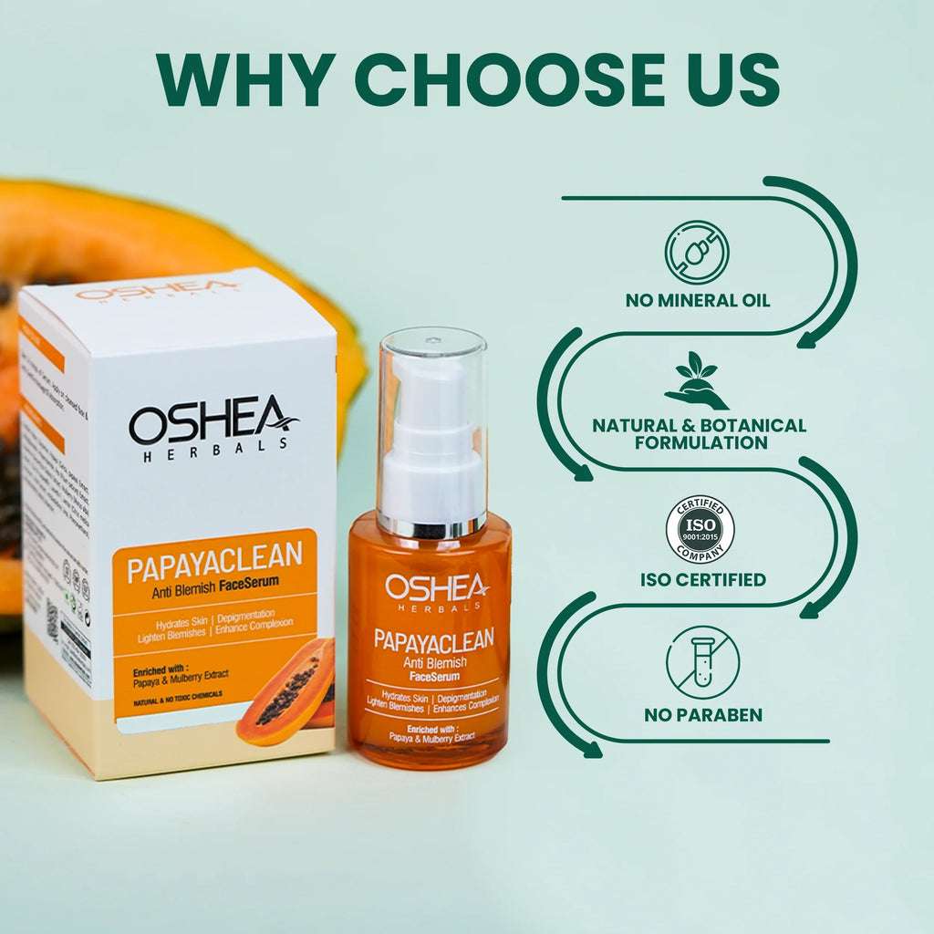 Oshea Herbals Papaya Clean Anti Blemish Face Serum - Hydrates Skin - Lightens Blemishes & Enhances Complexion - For Spotless Glow - Enriched with Papaya & Mulberry Extract - 30 ml