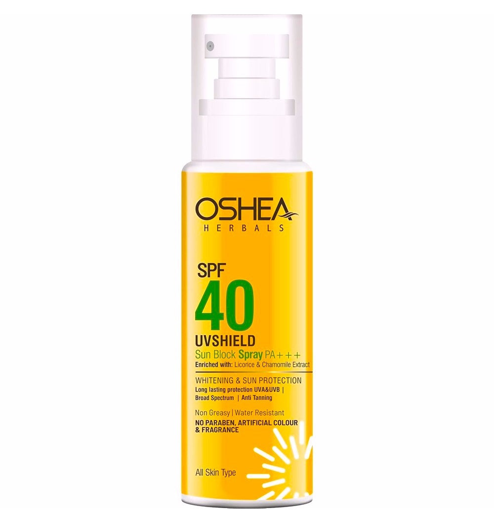 Oshea Herbals UVShield Sun Block Spray SPF 40 PA+++ Long Lasting Protection UVA & UVB - With Licorice & Chamomile Extract - Non Greasy & Anti Tanning - Water Resistant -120 ml