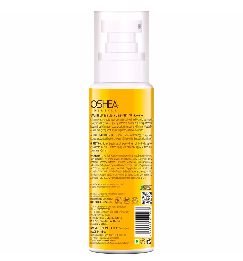 Oshea Herbals UVShield Sun Block Spray SPF 40 PA+++ Long Lasting Protection UVA & UVB - With Licorice & Chamomile Extract - Non Greasy & Anti Tanning - Water Resistant -120 ml