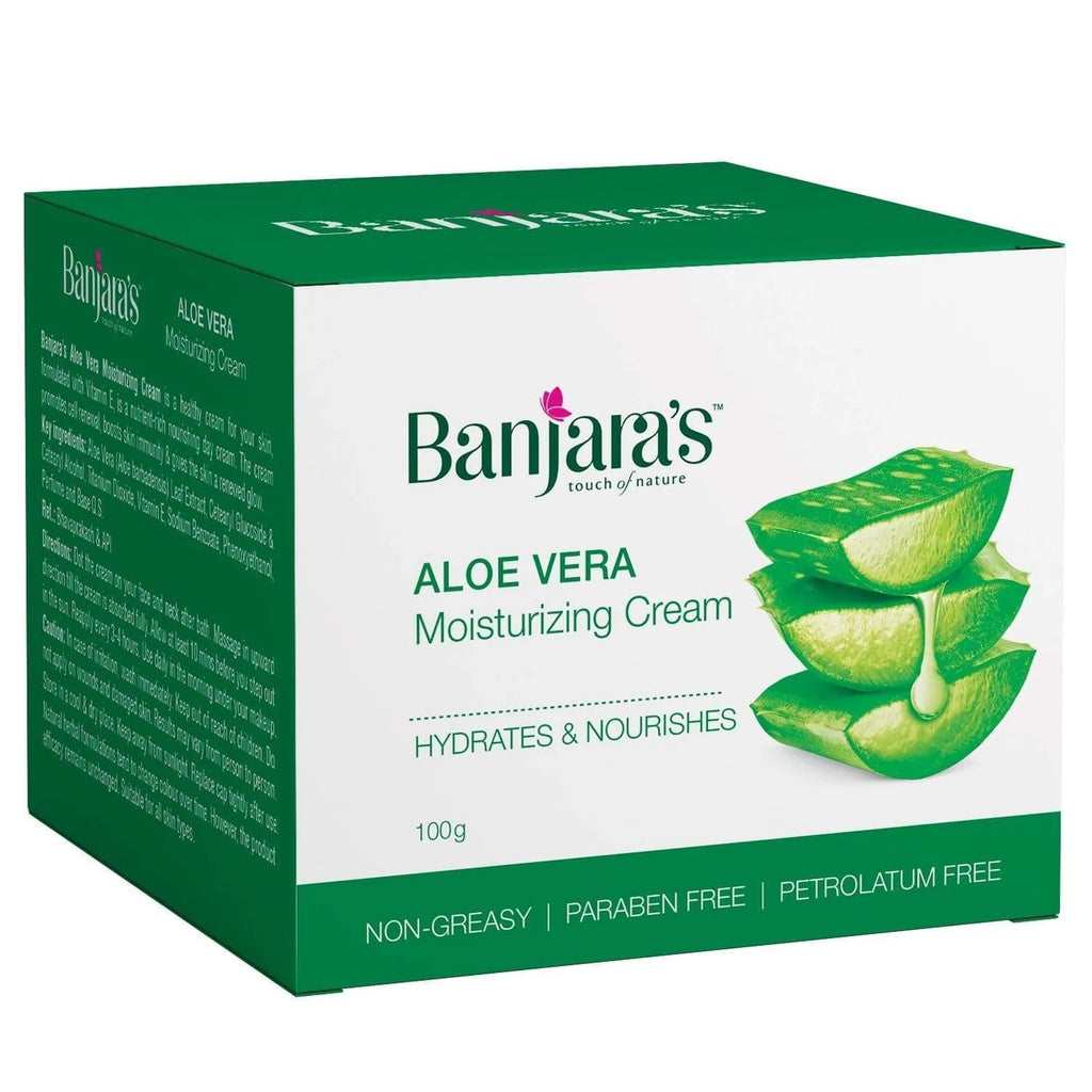 Banjara's Aloe Vera Moisturizing Cream - Hydrates & Nourishes - Non Greasy, Paraben Free, Petrolatum Free - Anti Ageing Cream 100g
