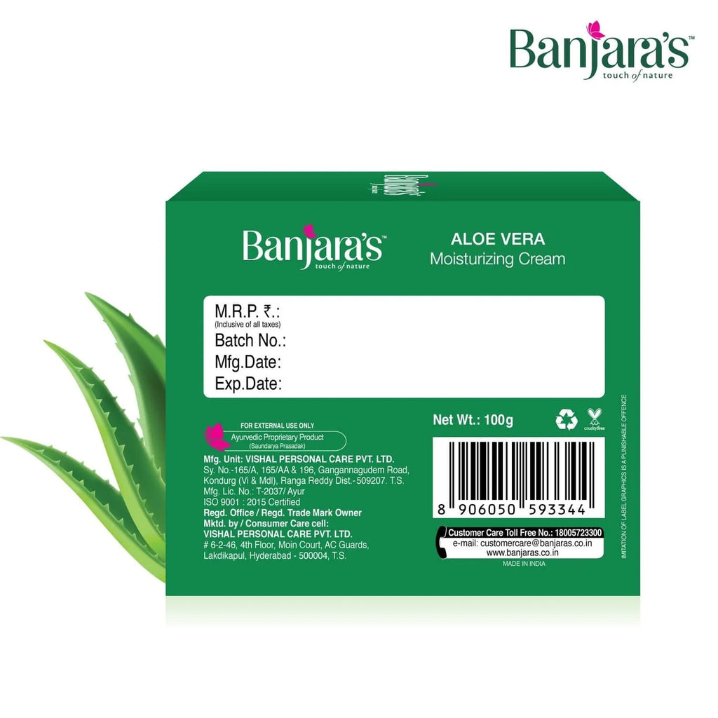 Banjara's Aloe Vera Moisturizing Cream - Hydrates & Nourishes - Non Greasy, Paraben Free, Petrolatum Free - Anti Ageing Cream 100g
