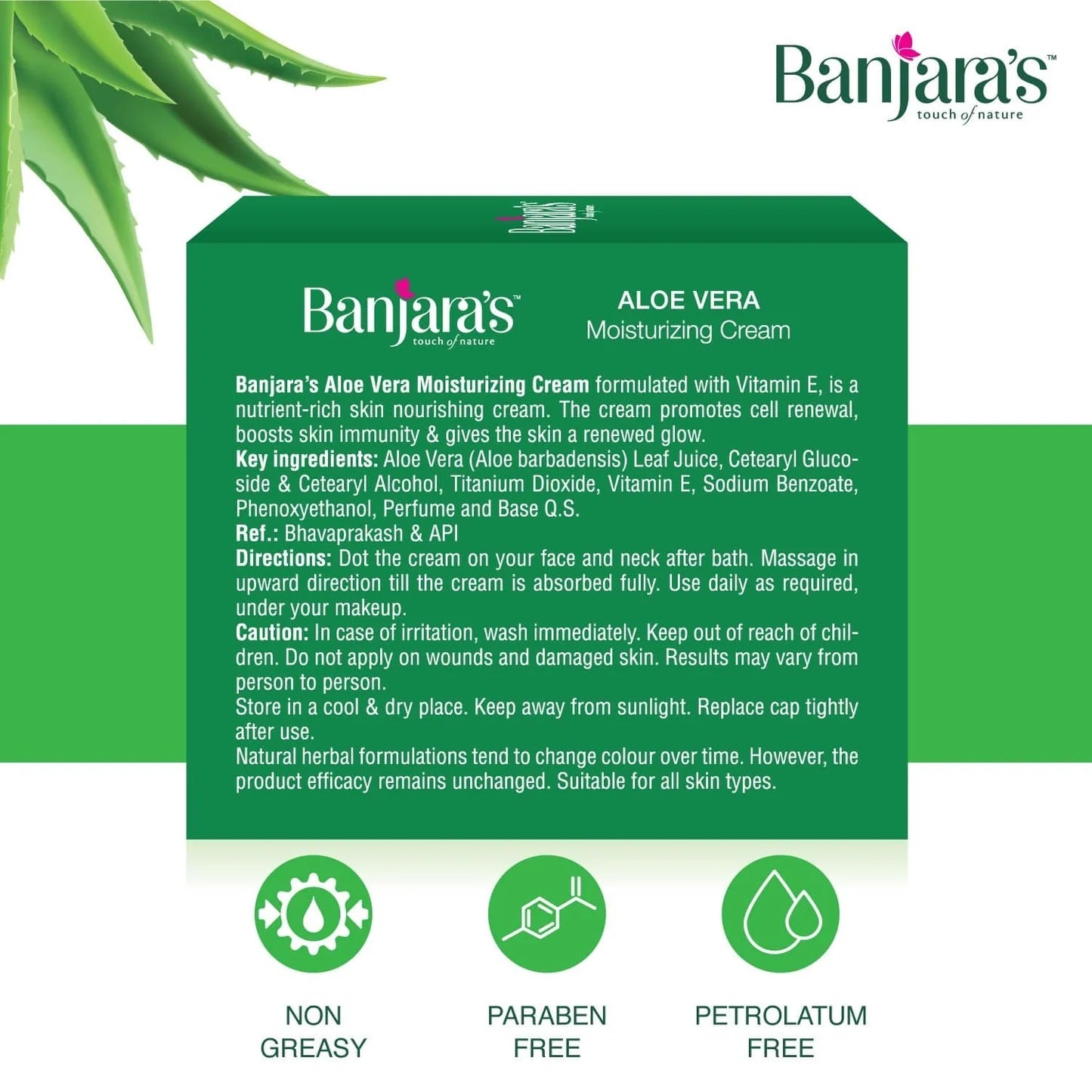 Banjara's Aloe Vera Moisturizing Cream - Hydrates & Nourishes - Non Greasy, Paraben Free, Petrolatum Free - Anti Ageing Cream 100g