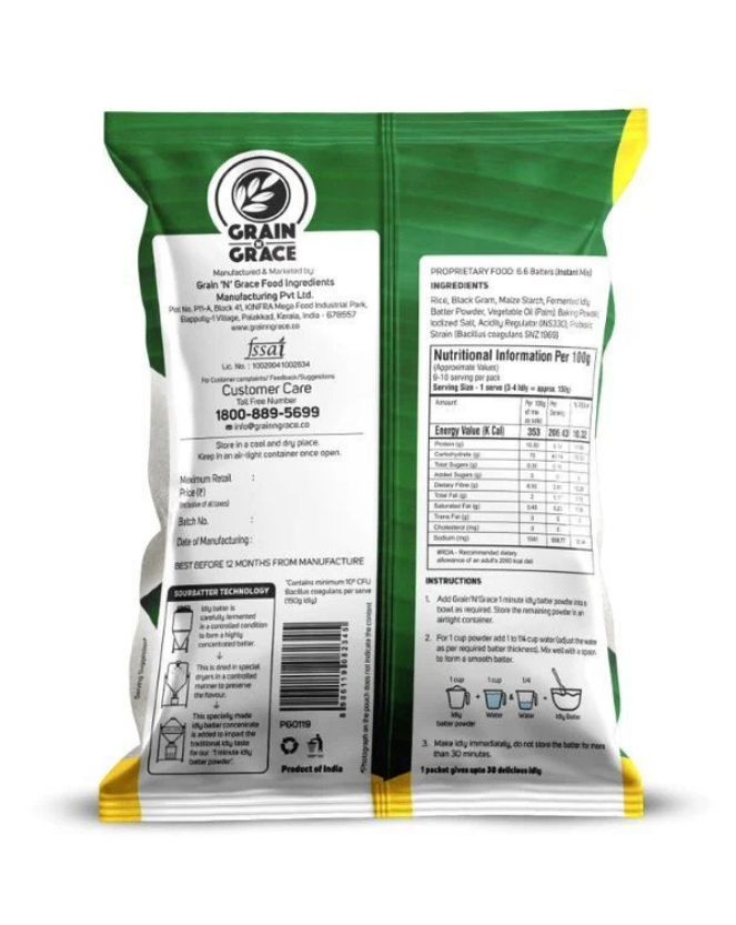 Grain N Grace 1 Minute Idly Batter Powder - No Added Colours, Preservatives & Flavours  - Made from High-Quality Rice & Urad Dal- 500 g