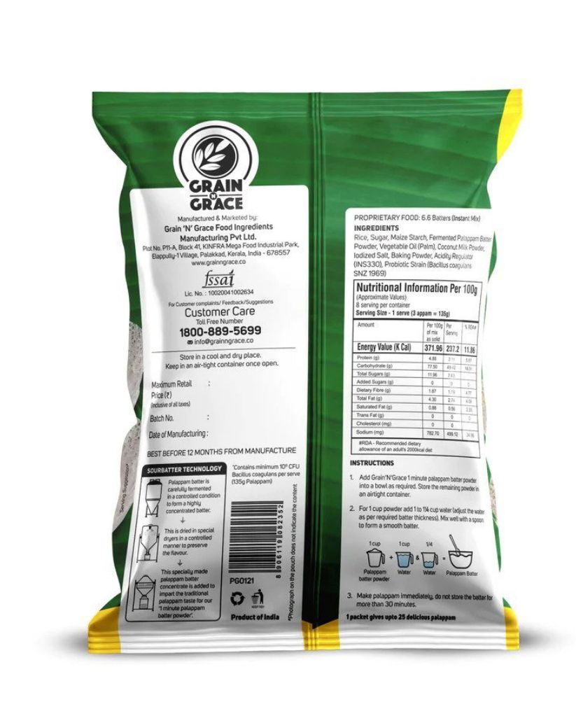 Grain N Grace 1 Minute Palappam Batter Powder - No Added Colours, Preservatives & Flavours  - Made from High-Quality Rice & Urad Dal (Black Gram)- 500 g