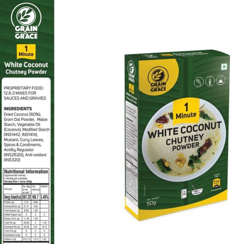 Grain N Grace 1 Minute White Coconut Chutney Powder - No Added Colours, Flavours & Preservatives - 50 g