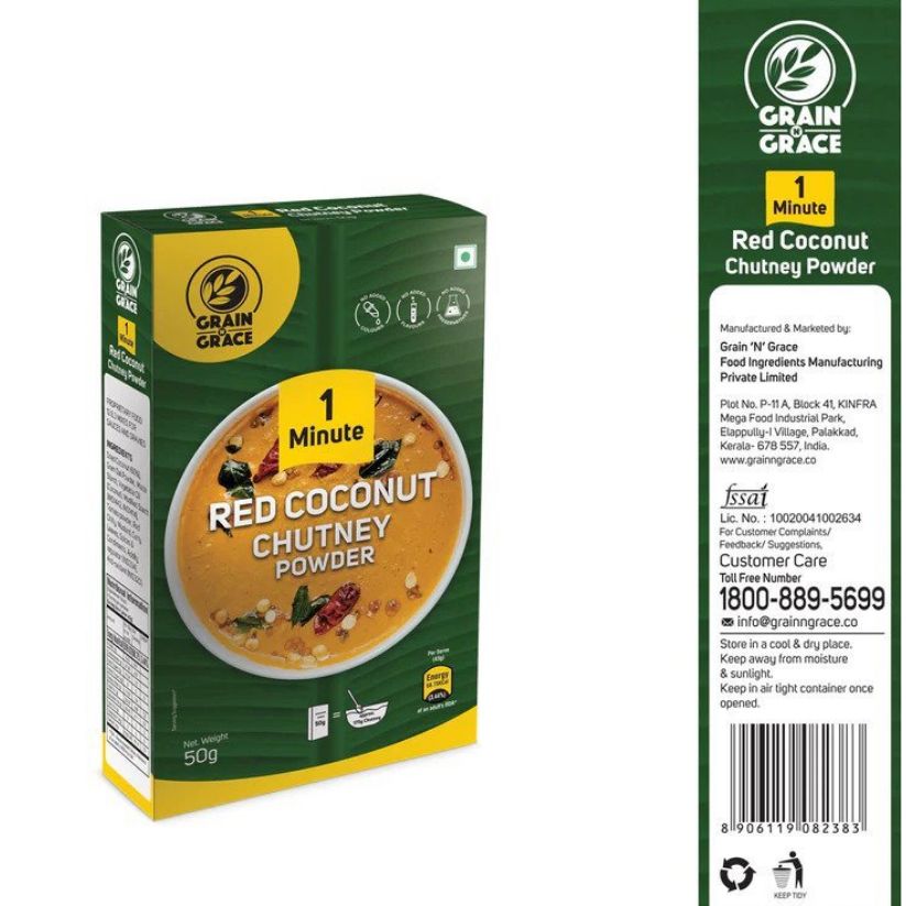 Grain N Grace 1 Minute Red Coconut Chutney Powder - No Added Colours, Flavours & Preservatives - 50 g