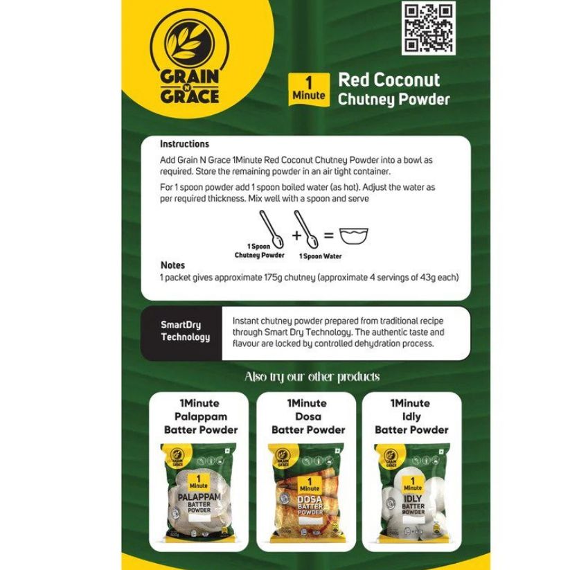 Grain N Grace 1 Minute Red Coconut Chutney Powder - No Added Colours, Flavours & Preservatives - 50 g
