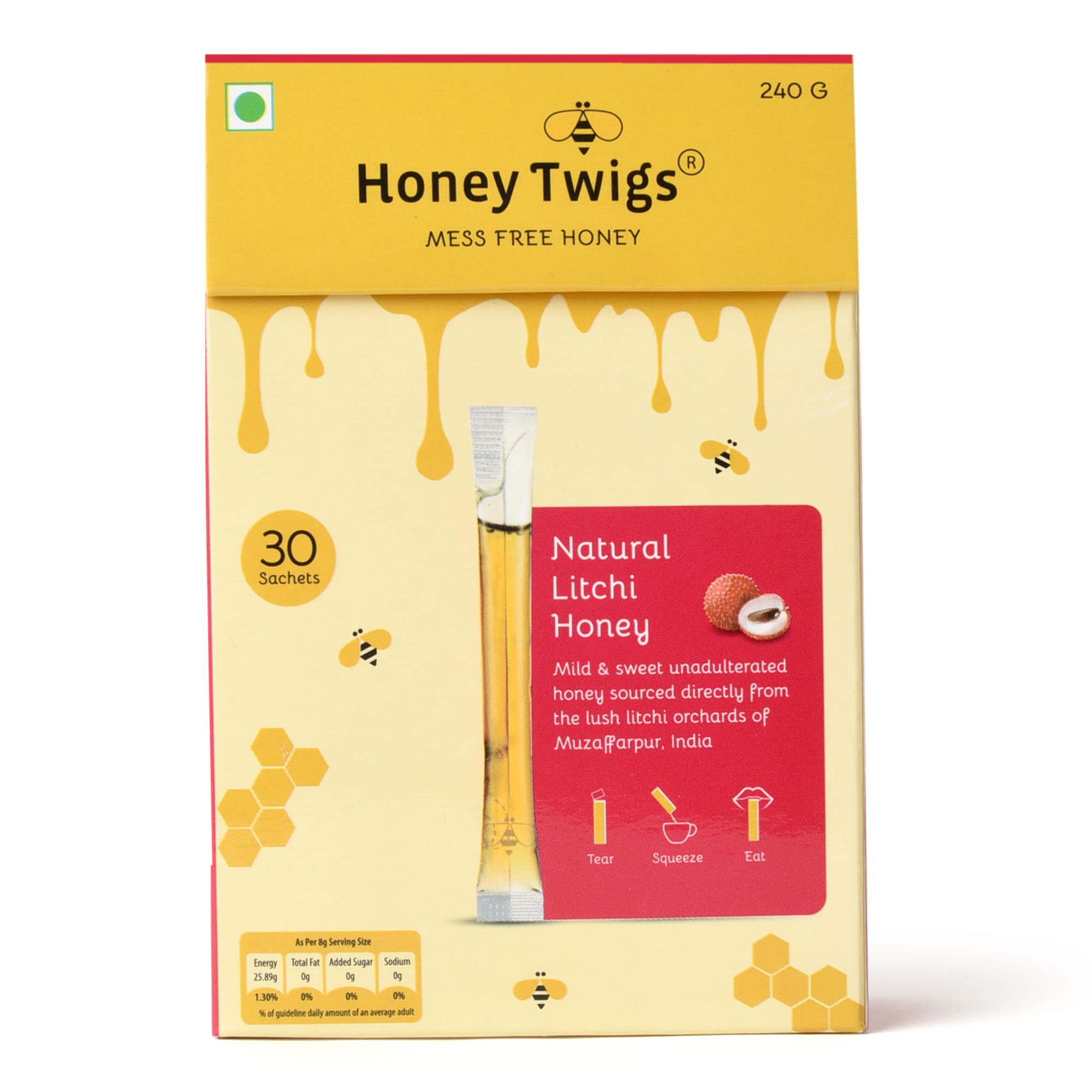 Honey Twigs Natural Litchi Pure Honey  - Best Ingredients, High Quality & No Added Sugar - Litchi Flavoured,Rich in Antioxidants - 30 x 8 g