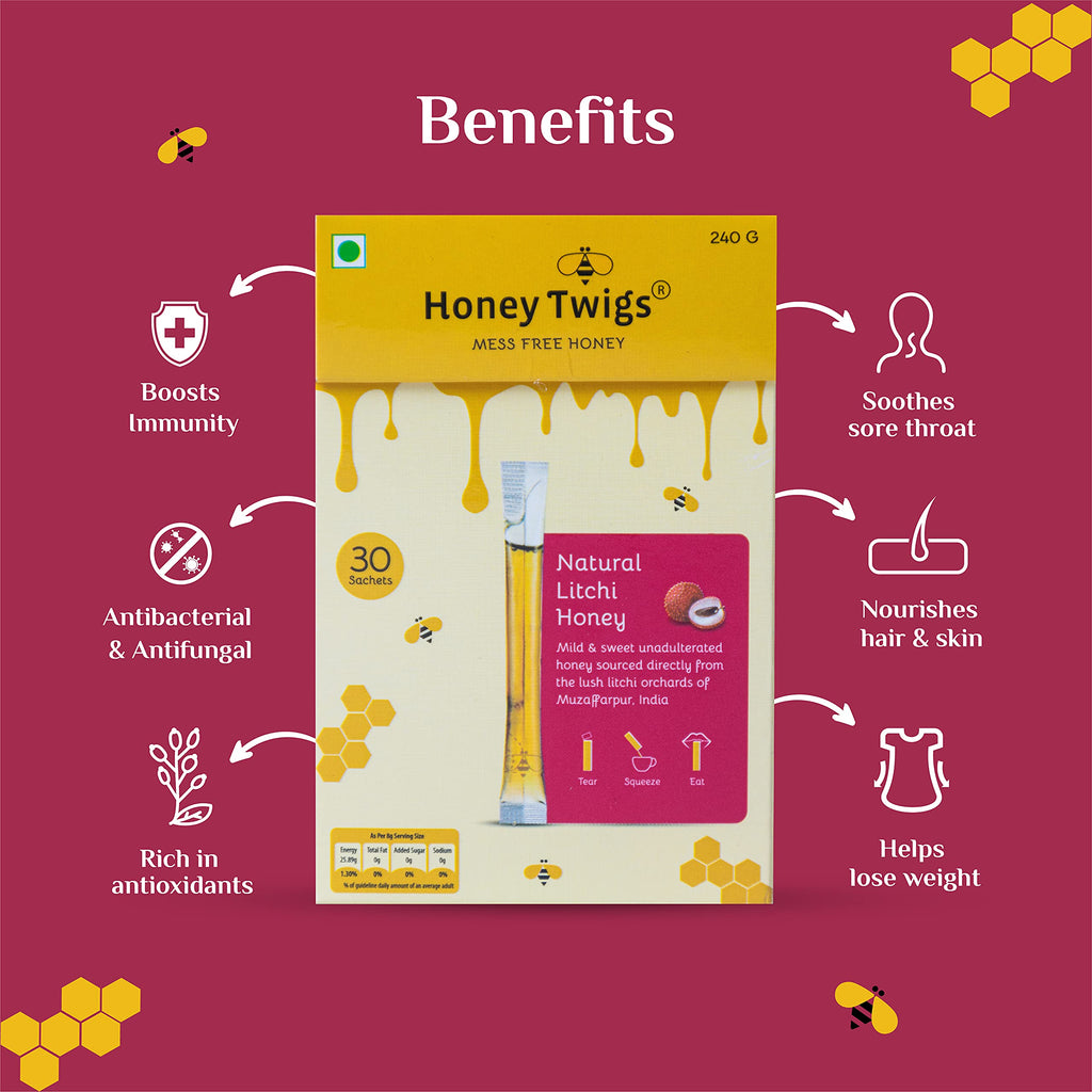 Honey Twigs Natural Litchi Pure Honey  - Best Ingredients, High Quality & No Added Sugar - Litchi Flavoured,Rich in Antioxidants - 30 x 8 g