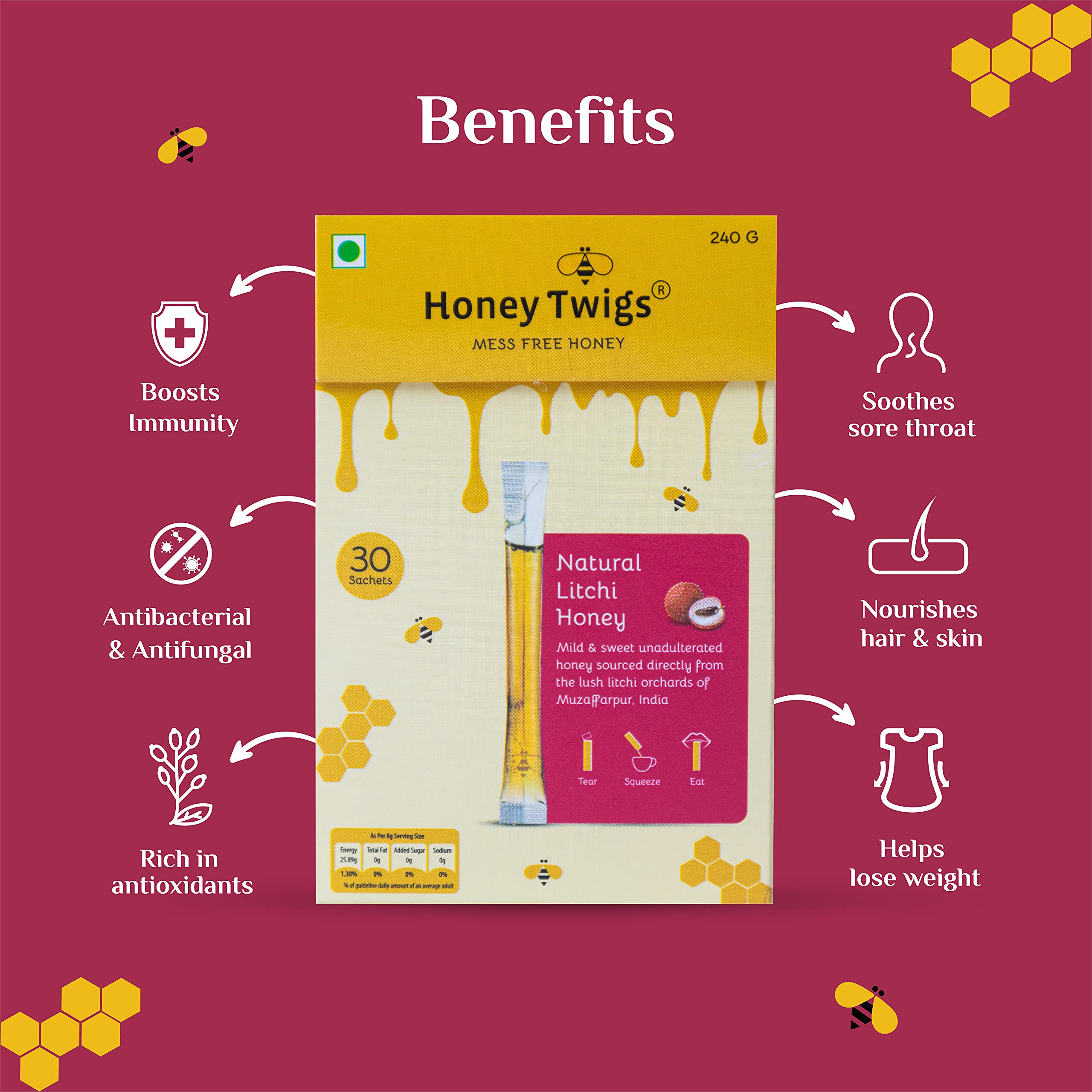 Honey Twigs Natural Litchi Pure Honey  - Best Ingredients, High Quality & No Added Sugar - Litchi Flavoured,Rich in Antioxidants - 30 x 8 g