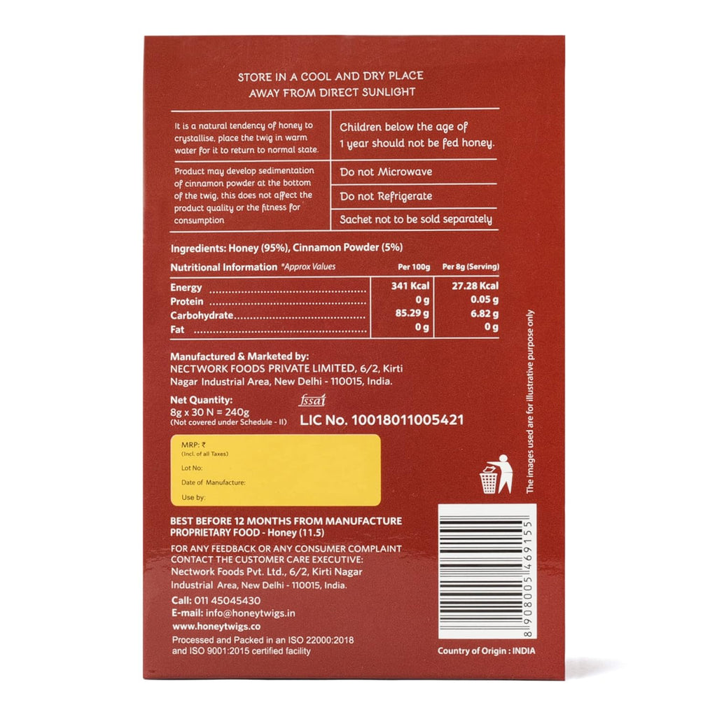 Honey Twigs  Cinnamon Infused Honey - Best Ingredients, High Quality & No Added Sugar - 30 x 8 g