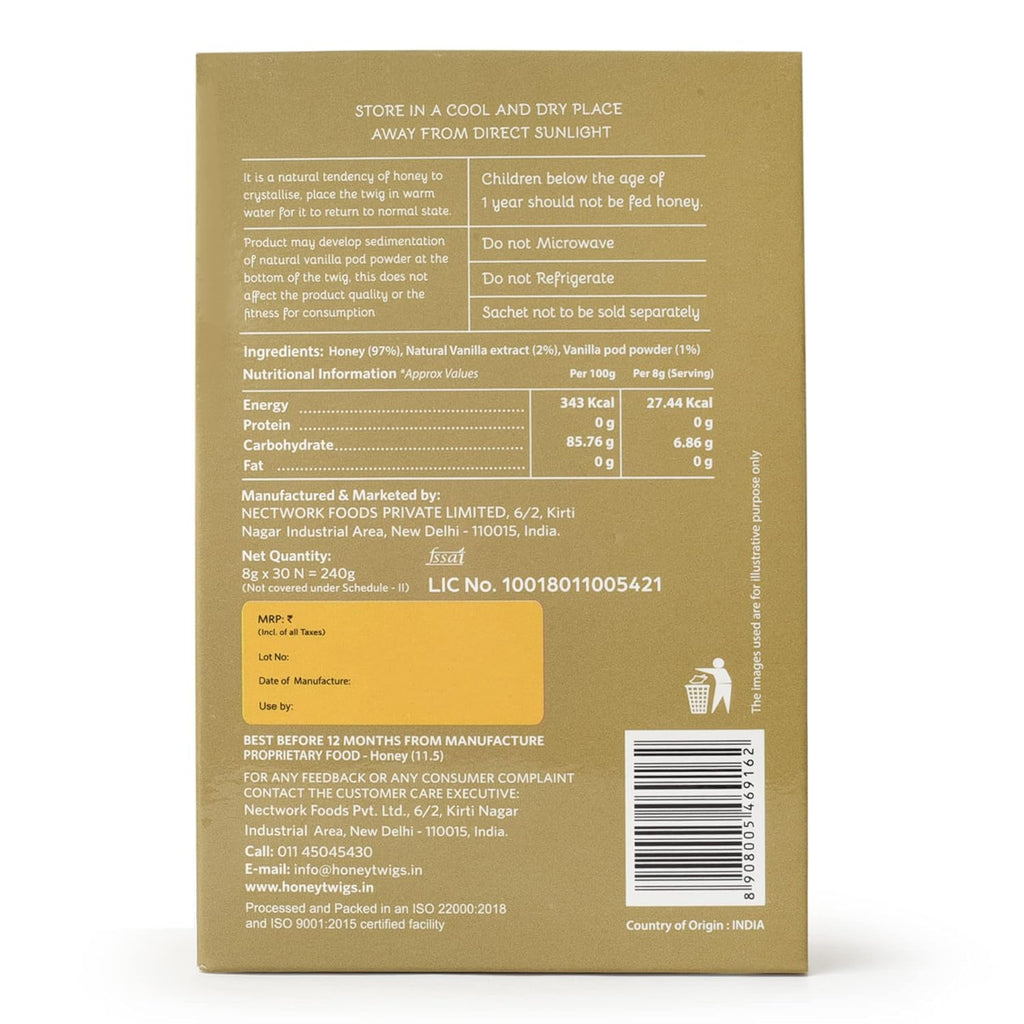Honey Twigs Vanilla Infused Honey - Best Ingredients, High Quality & No Added Sugar - 30 x 8 g