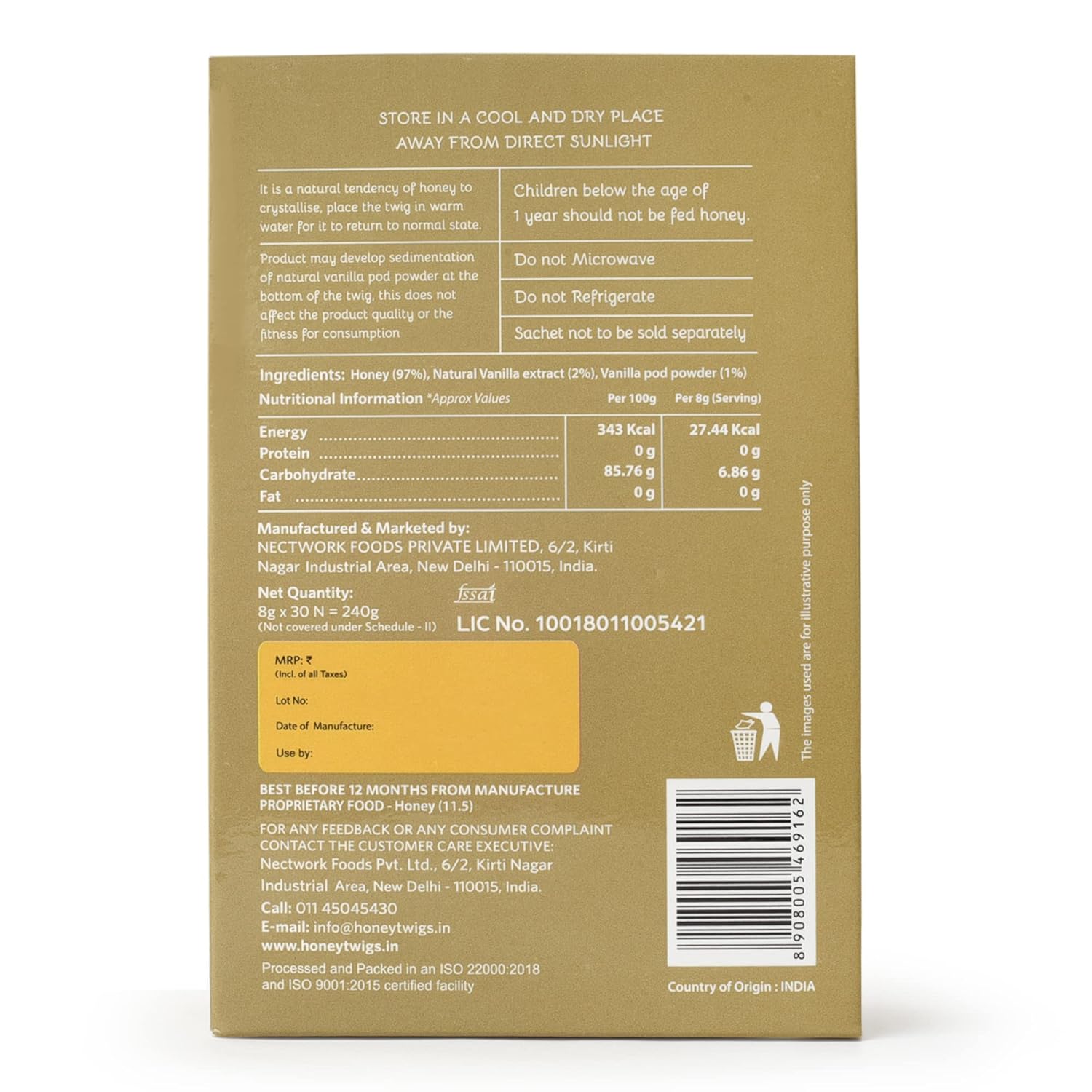 Honey Twigs Vanilla Infused Honey - Best Ingredients, High Quality & No Added Sugar - 30 x 8 g