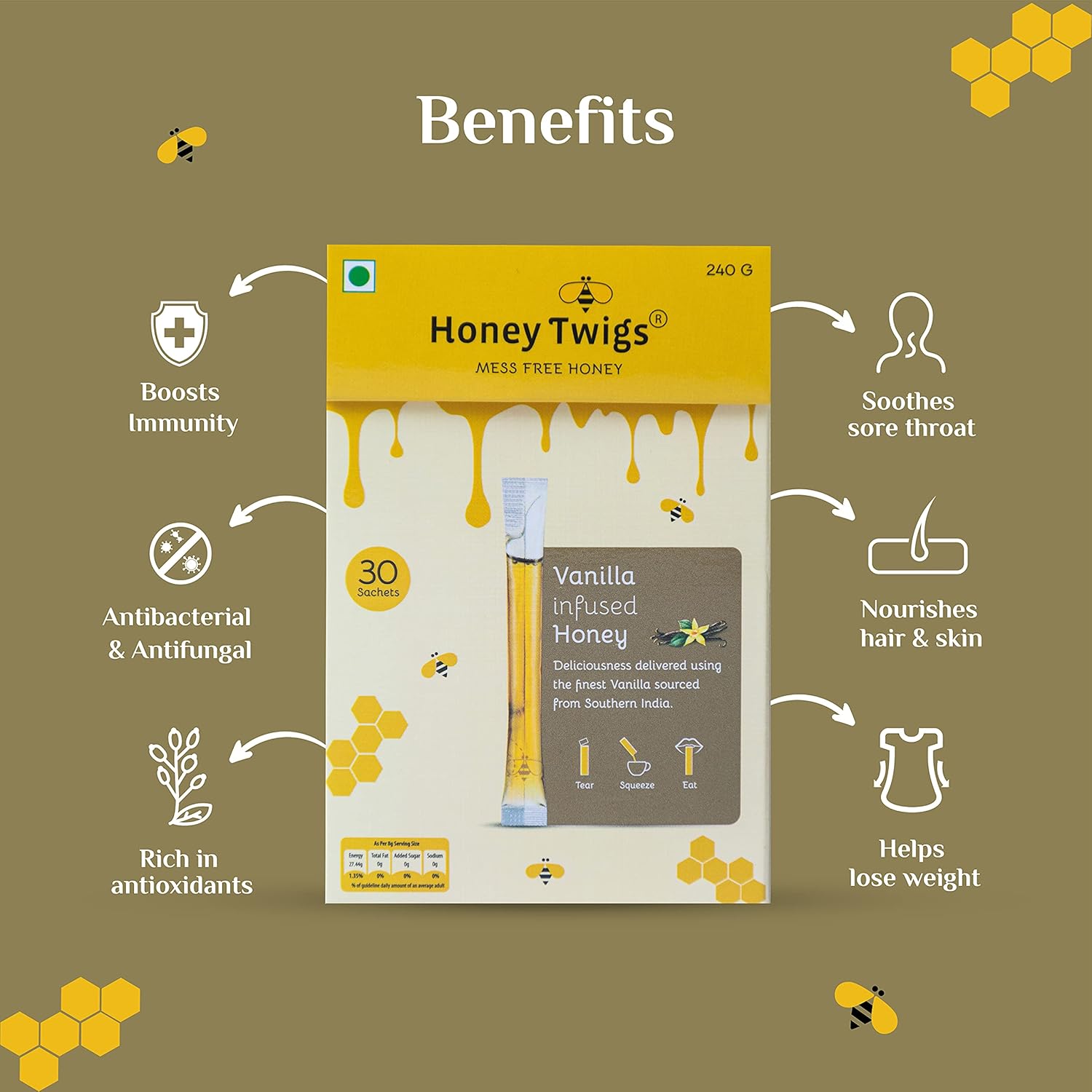 Honey Twigs Vanilla Infused Honey - Best Ingredients, High Quality & No Added Sugar - 30 x 8 g