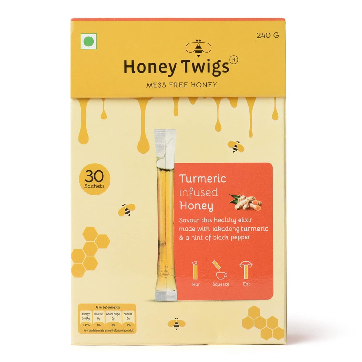 Honey Twigs Turmeric Infused Honey - Best Ingredients, High Quality & No Added Sugar - 30 x 8 g