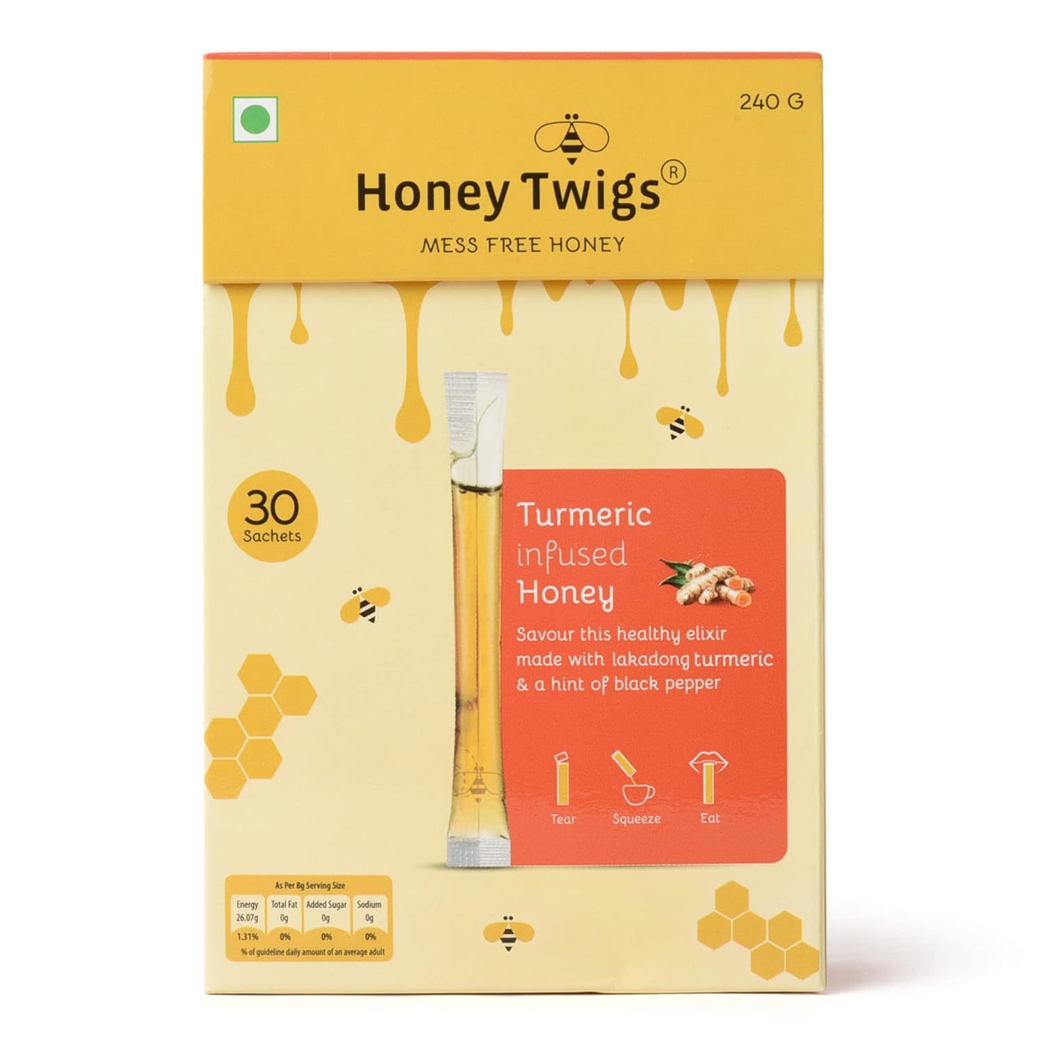 Honey Twigs Turmeric Infused Honey - Best Ingredients, High Quality & No Added Sugar - 30 x 8 g