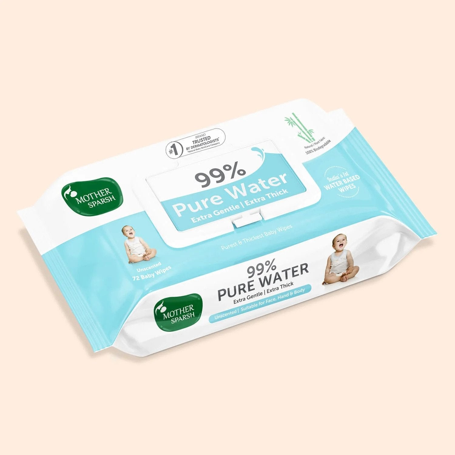 Mother Sparsh 99% Pure Water Unscented Baby Wipes - Extra Gentle - 3x Thicker - Paraben & Alcohol Free - Suitable for Face, Hand & Body - 40 Water Wipes