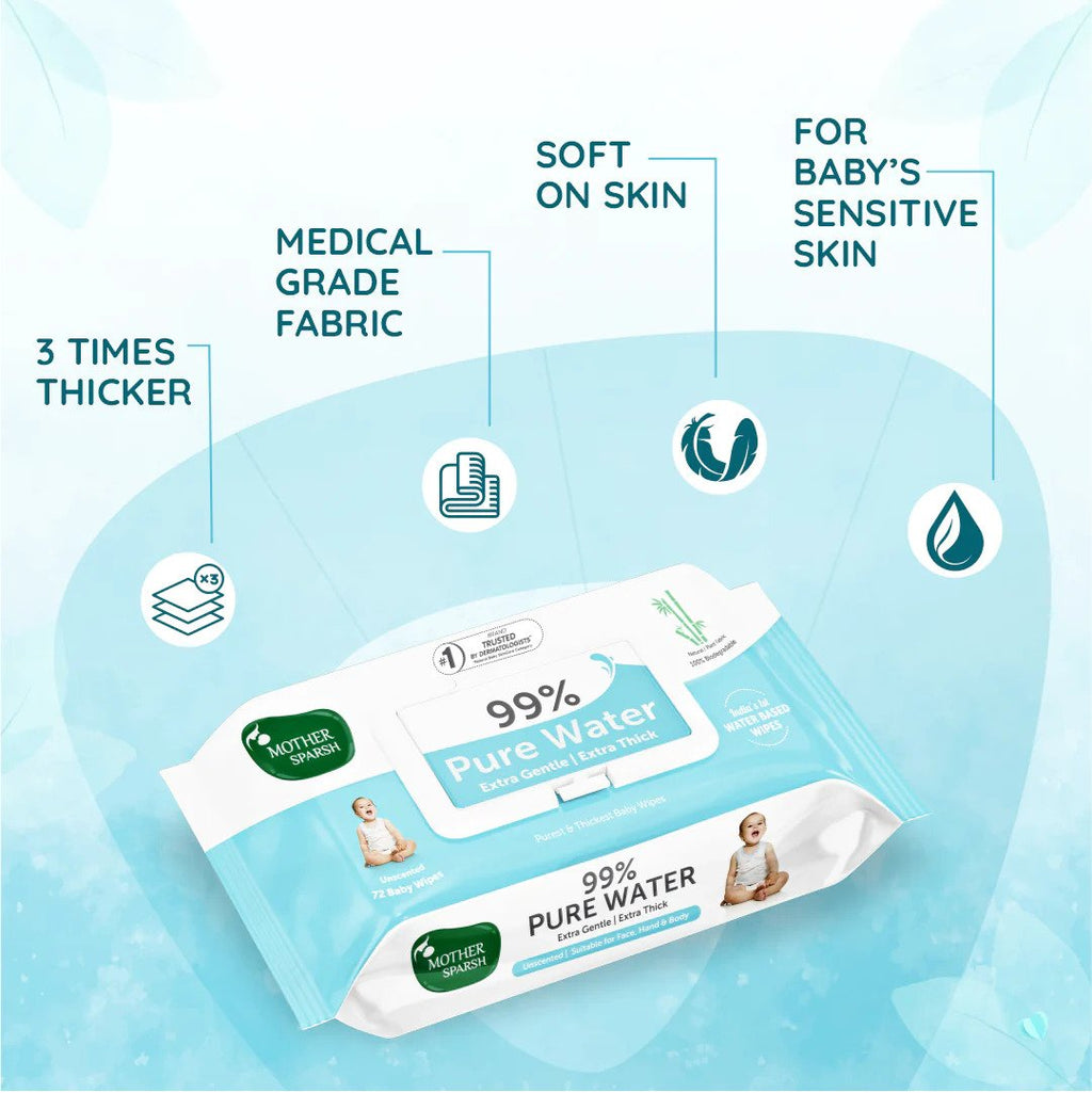 Mother Sparsh 99% Pure Water Unscented Baby Wipes - Extra Gentle - 3x Thicker - Paraben & Alcohol Free - Suitable for Face, Hand & Body - 40 Water Wipes