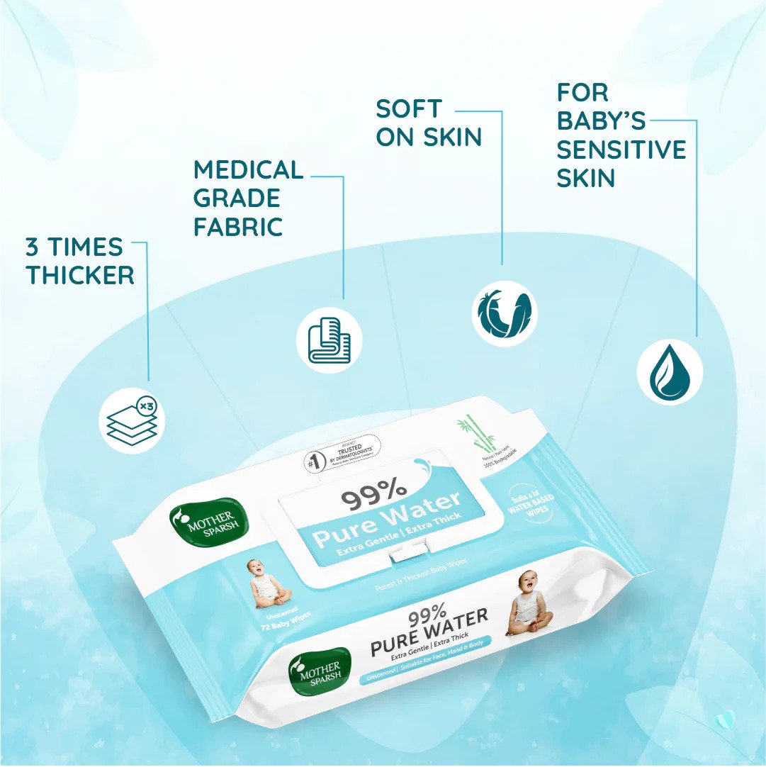 Mother Sparsh 99% Pure Water Unscented Baby Wipes - Extra Gentle - 3x Thicker - Paraben & Alcohol Free - Suitable for Face, Hand & Body - 40 Water Wipes